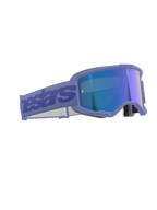 Gogle Alpinestars Vision 5 Wordmark, gogle motocrossowe, fioletowe z niebieską lustrzanką, fioletowa oprawka i lustrzana niebieska soczewka, szeroki fioletowy pasek z logo Alpinestars, ergonomiczna konstrukcja do wyścigów off-road