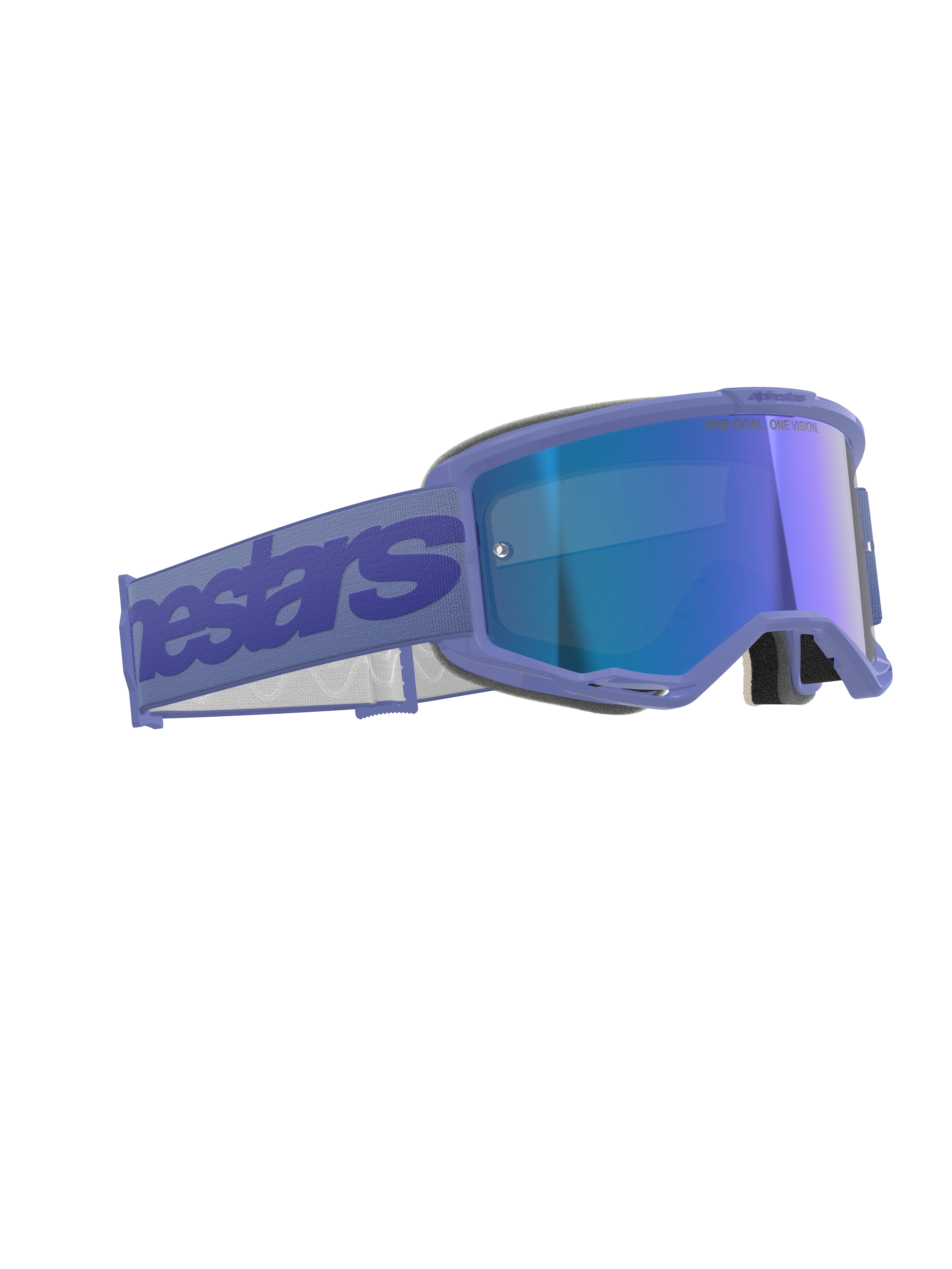 Gogle Alpinestars Vision 5 Wordmark, gogle motocrossowe, fioletowe z niebieską lustrzanką, fioletowa oprawka i lustrzana niebieska soczewka, szeroki fioletowy pasek z logo Alpinestars, ergonomiczna konstrukcja do wyścigów off-road
