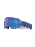 Alpinestars Vision 5 Wordmark Goggles, gogle motocrossowe, fioletowa oprawka i niebieska lustrzana soczewka, szeroki fioletowy tkany pasek z ciemnoniebieskim napisem, profesjonalna ochrona oczu do jazdy terenowej