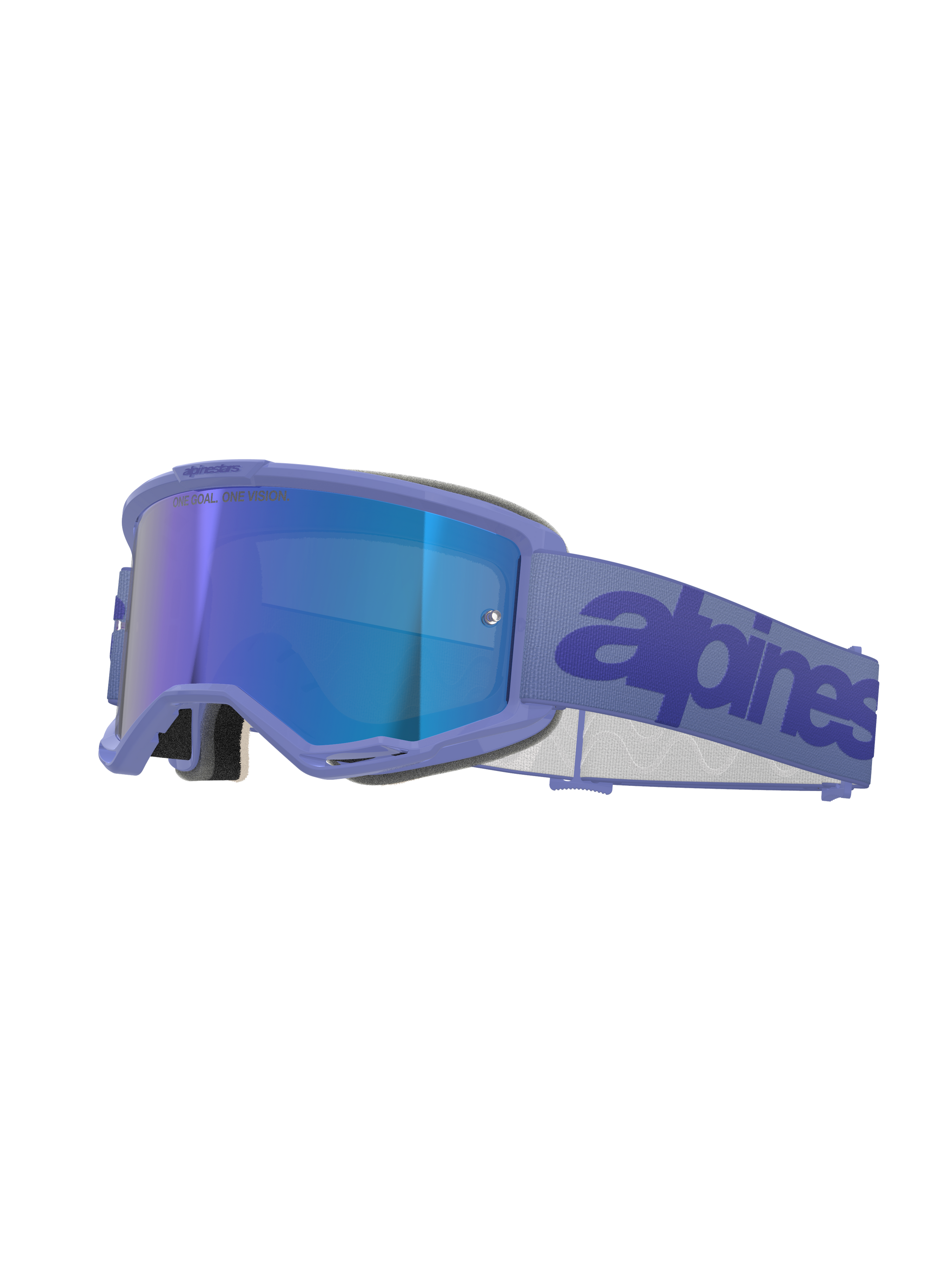 Alpinestars Vision 5 Wordmark Goggles, gogle motocrossowe, fioletowa oprawka i niebieska lustrzana soczewka, szeroki fioletowy tkany pasek z ciemnoniebieskim napisem, profesjonalna ochrona oczu do jazdy terenowej