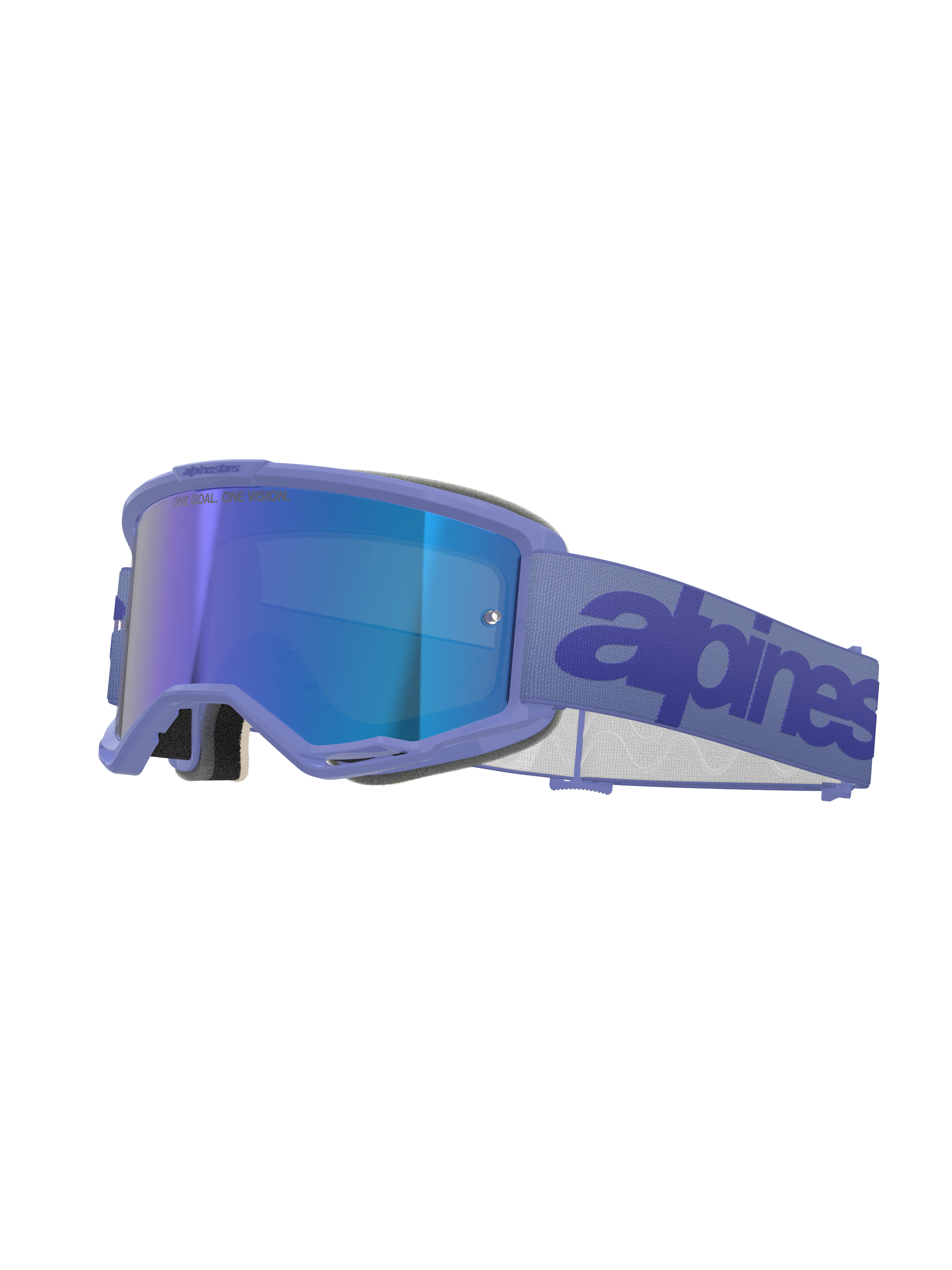 Alpinestars Vision 5 Wordmark Goggles, gogle motocrossowe, fioletowa oprawka i niebieska lustrzana soczewka, szeroki fioletowy tkany pasek z ciemnoniebieskim napisem, profesjonalna ochrona oczu do jazdy terenowej
