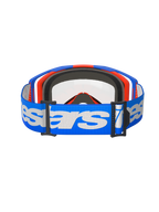 Alpinestars Vision 8 Wordmark Goggles Dual Pane, gogle motocrossowe, niebiesko-pomarańczowe z przezroczystą szybką, widok z tyłu z szerokim niebieskim paskiem z białym napisem Alpinestars, czarną wielowarstwową pianką i przezroczystą podwójną szybką