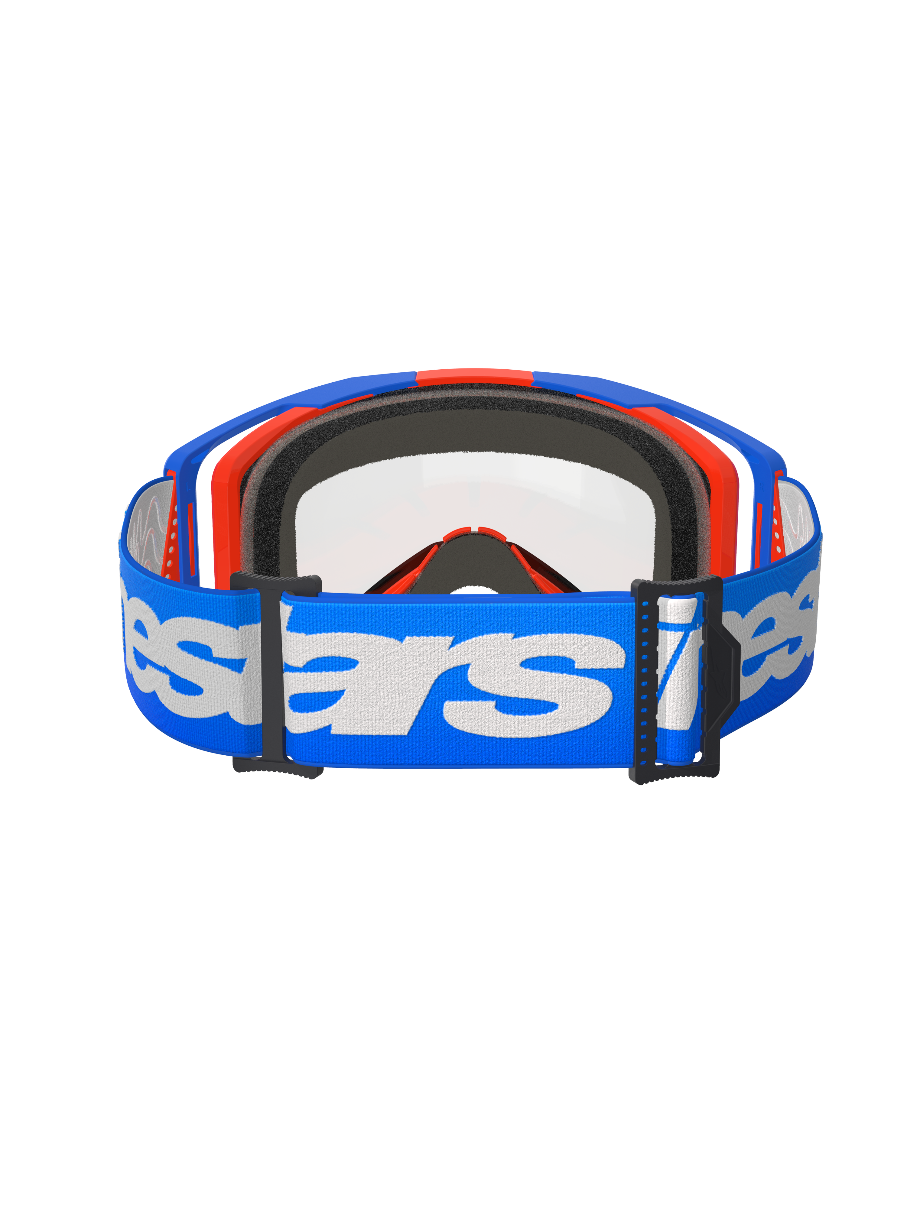 Alpinestars Vision 8 Wordmark Goggles Dual Pane, gogle motocrossowe, niebiesko-pomarańczowe z przezroczystą szybką, widok z tyłu z szerokim niebieskim paskiem z białym napisem Alpinestars, czarną wielowarstwową pianką i przezroczystą podwójną szybką