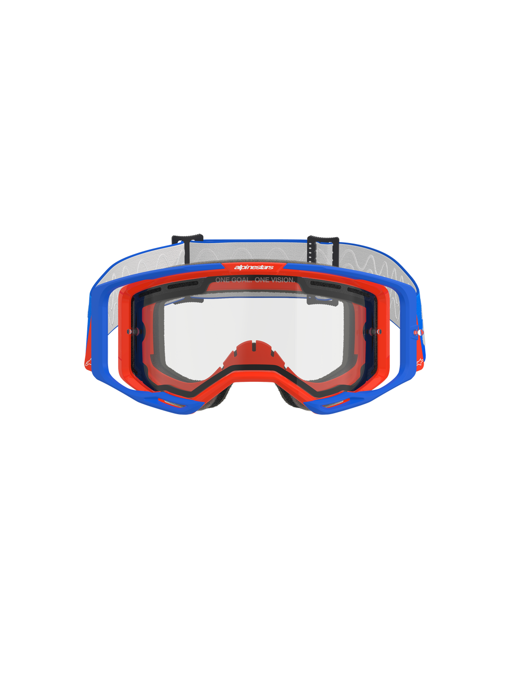 Alpinestars Vision 8 Wordmark Goggles Dual Pane, gogle motocrossowe, niebiesko-pomarańczowe z przezroczystą soczewką, widok z przodu pokazujący ramę A-FLEX i podwójną soczewkę, napis „ONE GOAL. ONE VISION.” na górnej krawędzi, wysokiej jakości sprzęt do wyścigów terenowych