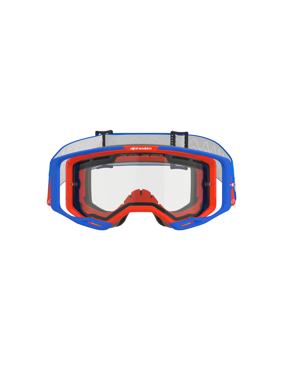 Alpinestars Vision 8 Wordmark Goggles Dual Pane, gogle motocrossowe, niebiesko-pomarańczowe z przezroczystą soczewką, widok z przodu pokazujący ramę A-FLEX i podwójną soczewkę, napis „ONE GOAL. ONE VISION.” na górnej krawędzi, wysokiej jakości sprzęt do wyścigów terenowych