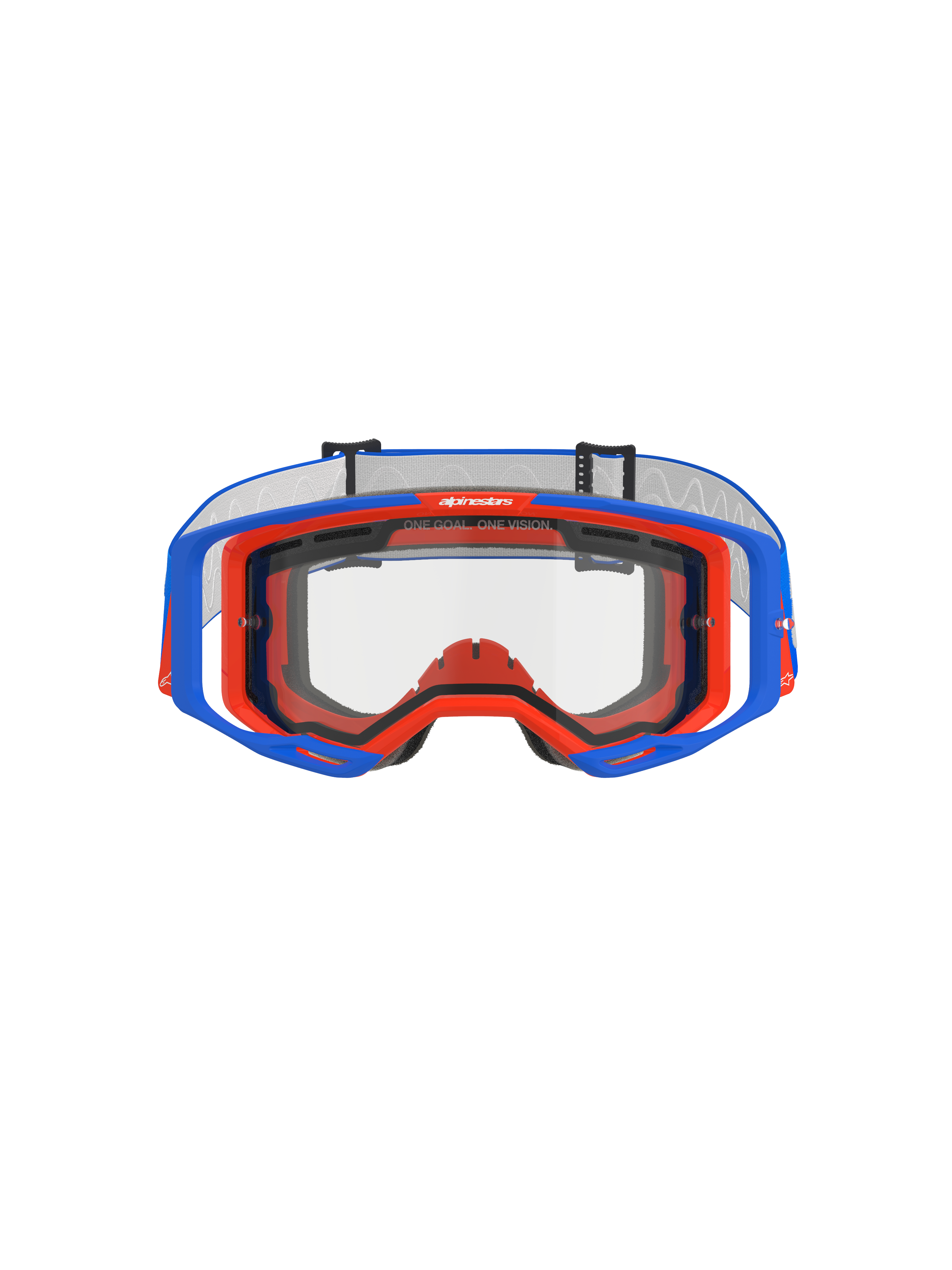 Alpinestars Vision 8 Wordmark Goggles Dual Pane, gogle motocrossowe, niebiesko-pomarańczowe z przezroczystą soczewką, widok z przodu pokazujący ramę A-FLEX i podwójną soczewkę, napis „ONE GOAL. ONE VISION.” na górnej krawędzi, wysokiej jakości sprzęt do wyścigów terenowych
