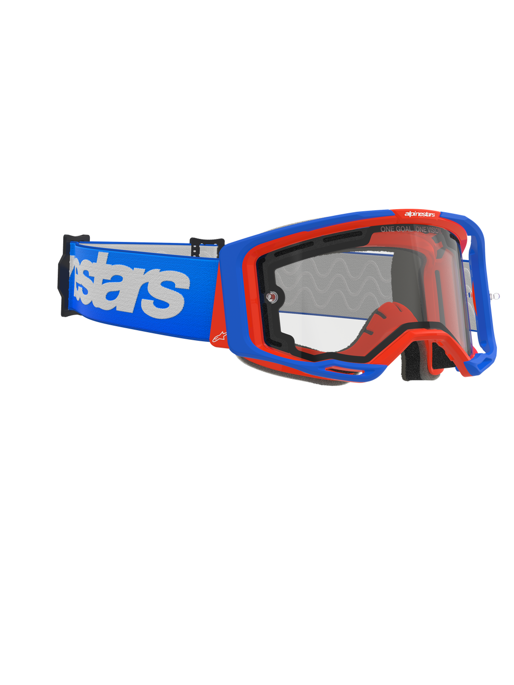 Alpinestars Vision 8 Wordmark Goggles Dual Pane, gogle motocrossowe, niebiesko-pomarańczowe z przezroczystą szybką, szeroki niebieski pasek z białym napisem, ergonomiczna konstrukcja do wyścigów terenowych