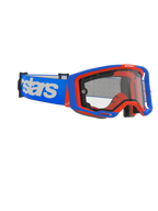 Alpinestars Vision 8 Wordmark Goggles Dual Pane, gogle motocrossowe, niebiesko-pomarańczowe z przezroczystą szybką, szeroki niebieski pasek z białym napisem, ergonomiczna konstrukcja do wyścigów terenowych