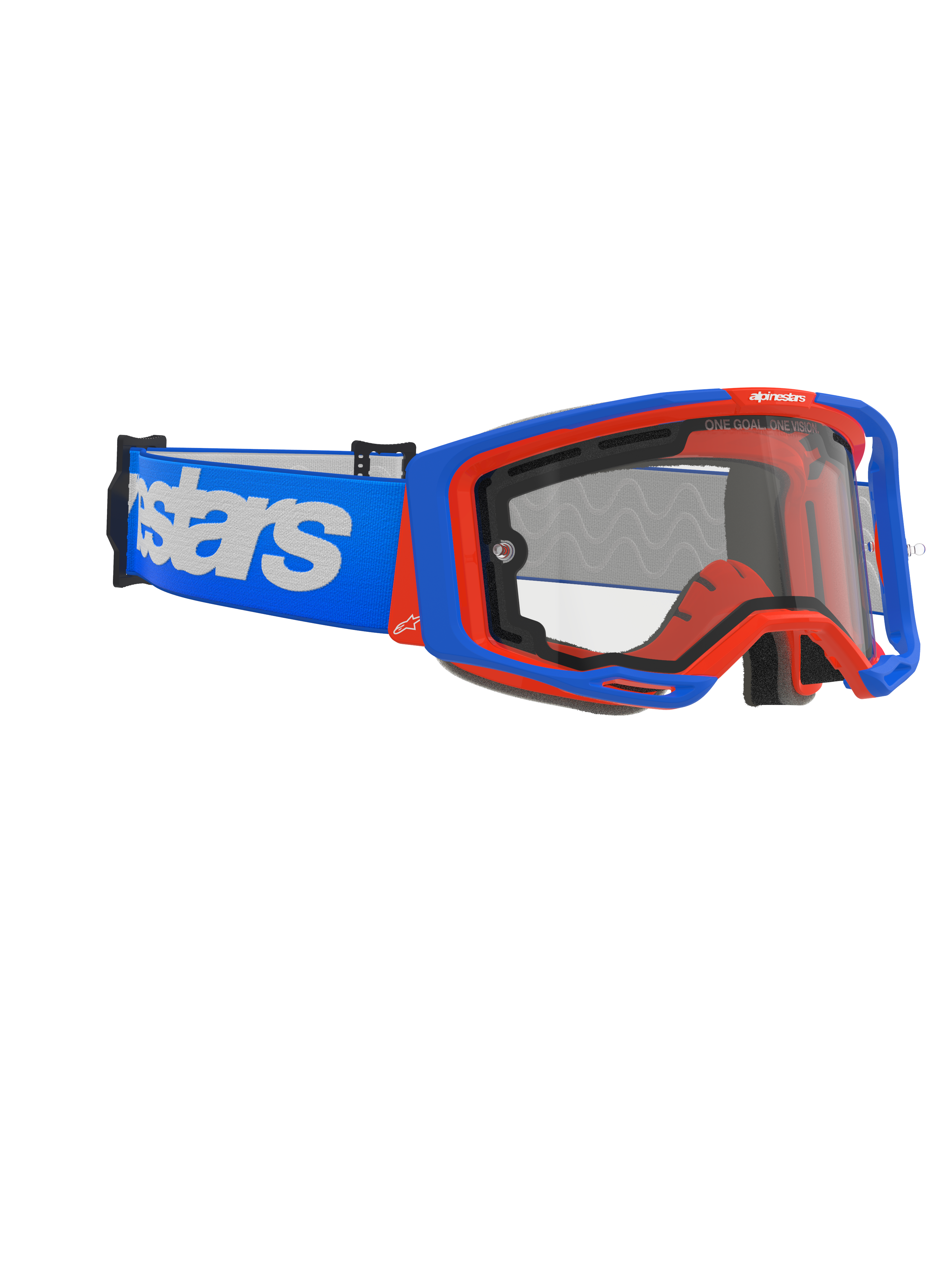 Alpinestars Vision 8 Wordmark Goggles Dual Pane, gogle motocrossowe, niebiesko-pomarańczowe z przezroczystą szybką, szeroki niebieski pasek z białym napisem, ergonomiczna konstrukcja do wyścigów terenowych