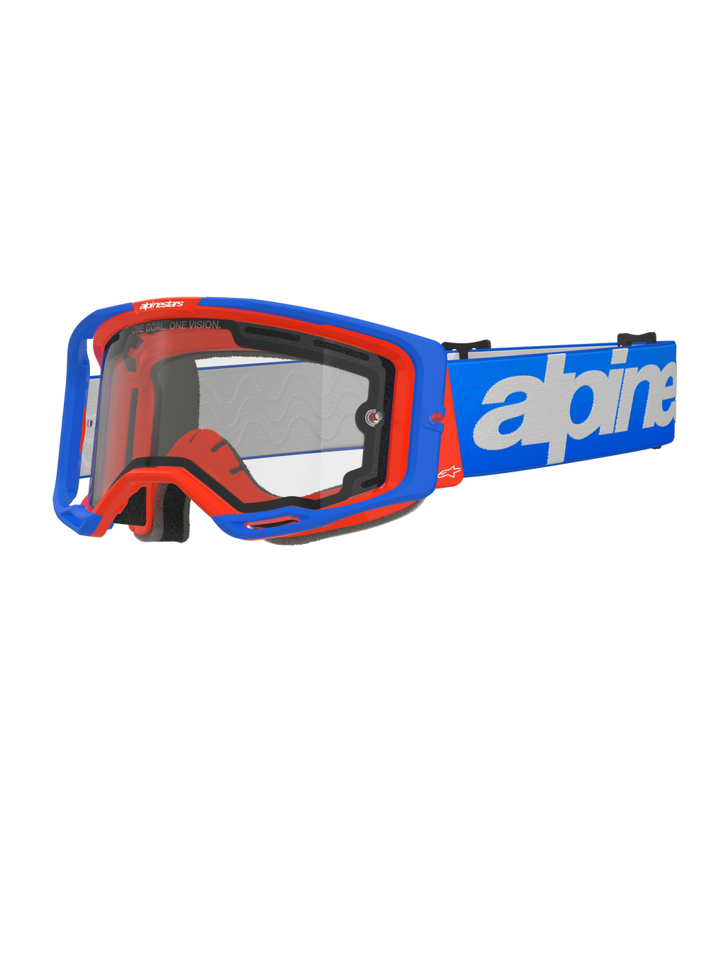 Alpinestars Vision 8 Wordmark Goggles Dual Pane, gogle motocrossowe, niebiesko-pomarańczowe, przezroczysta podwójna szyba, niebieski pasek z białym logotypem, czarna wyściółka z pianki, wyposażenie do wyścigów terenowych