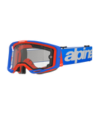Alpinestars Vision 8 Wordmark Goggles Dual Pane, gogle motocrossowe, niebiesko-pomarańczowe, przezroczysta podwójna szyba, niebieski pasek z białym logotypem, czarna wyściółka z pianki, wyposażenie do wyścigów terenowych