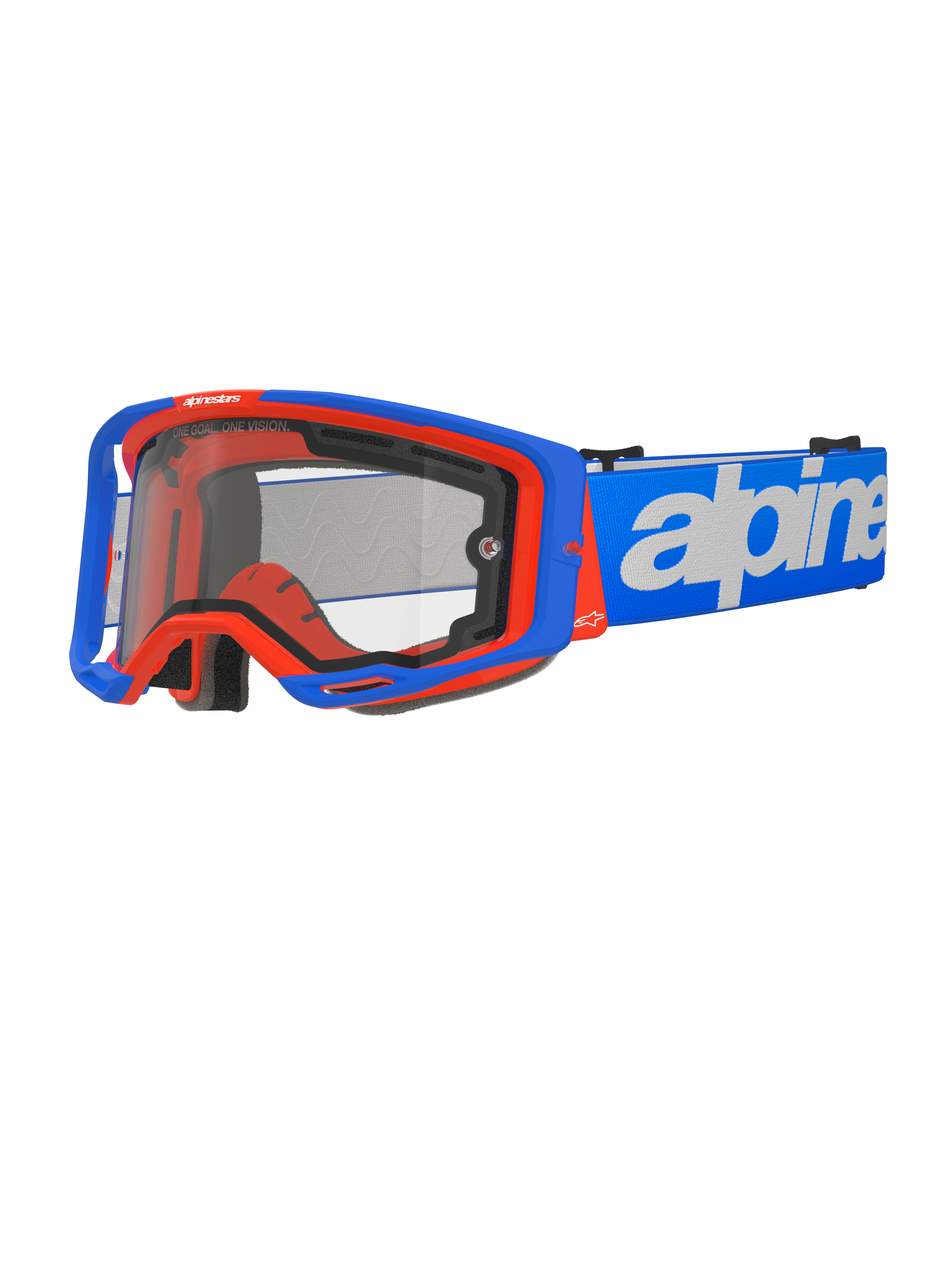Alpinestars Vision 8 Wordmark Goggles Dual Pane, gogle motocrossowe, niebiesko-pomarańczowe, przezroczysta podwójna szyba, niebieski pasek z białym logotypem, czarna wyściółka z pianki, wyposażenie do wyścigów terenowych