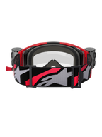 Alpinestars Vision 8 Luar Goggles Roll Off, Motocross Goggles, Red Black and Clear, back view featuring grey interior face foam, roll-off system canisters on the sides, and a wide adjustable strap with a large grey Alpinestars logo and red accents.