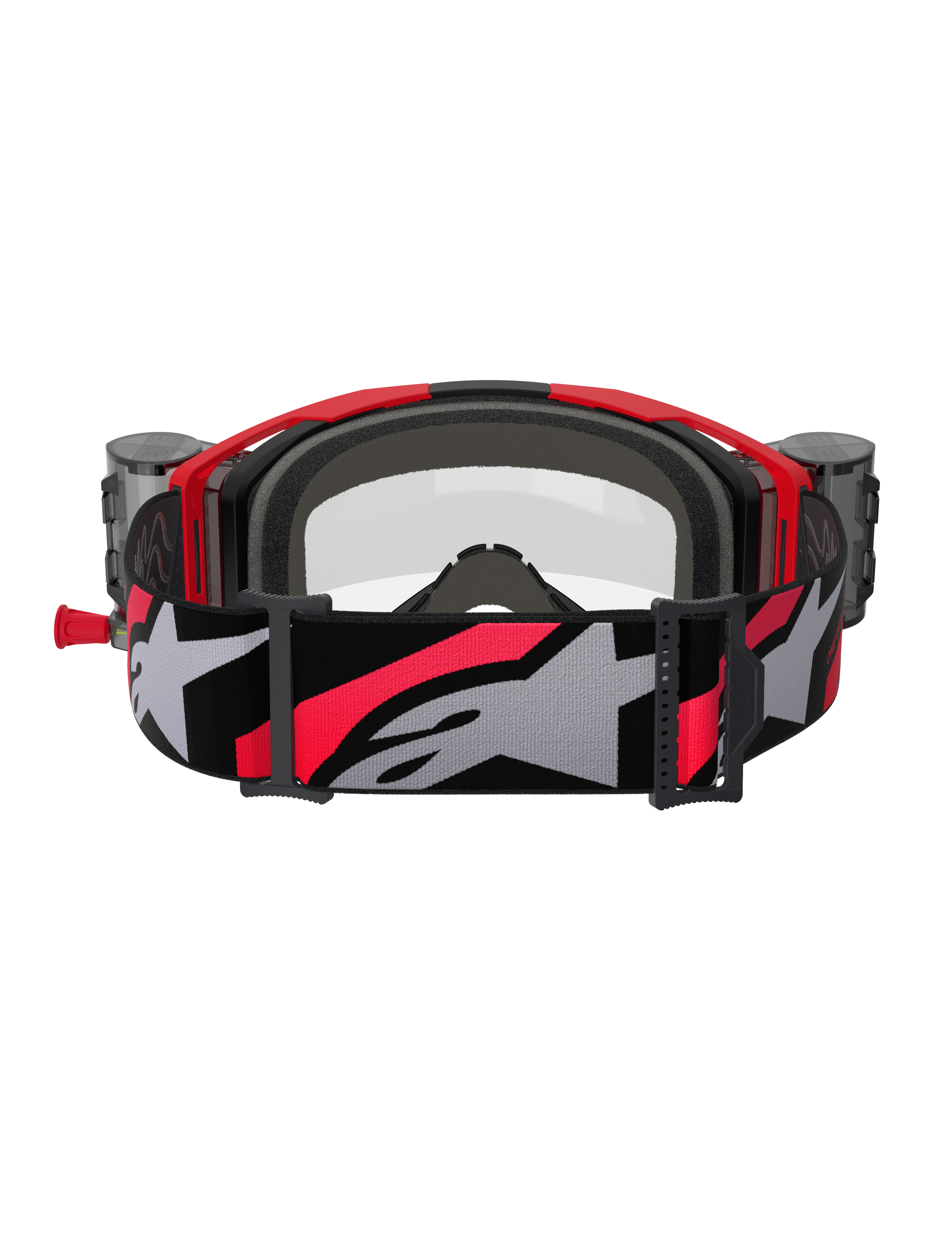 Alpinestars Vision 8 Luar Goggles Roll Off, Motocross Goggles, Red Black and Clear, back view featuring grey interior face foam, roll-off system canisters on the sides, and a wide adjustable strap with a large grey Alpinestars logo and red accents.