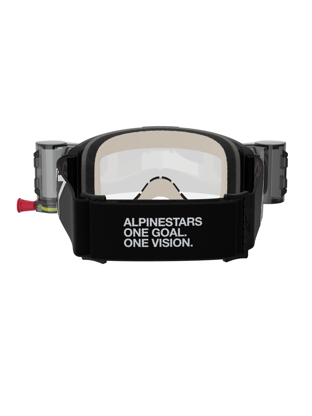 Alpinestars Vision 5 Corp Goggles Roll Off, Motocross Goggles, Black and Clear, rear view featuring a wide black strap with 'ALPINESTARS ONE GOAL. ONE VISION.' branding, roll-off system canisters, and comfortable multi-layer face foam
