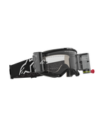 Alpinestars Vision 5 Corp Goggles Roll Off, Motocross Goggles, Black with Clear Lens, featuring Wide Vision Roll-Off system with canisters and film, black woven strap with white Alpinestars logo, high-performance eye protection for off-road racing.