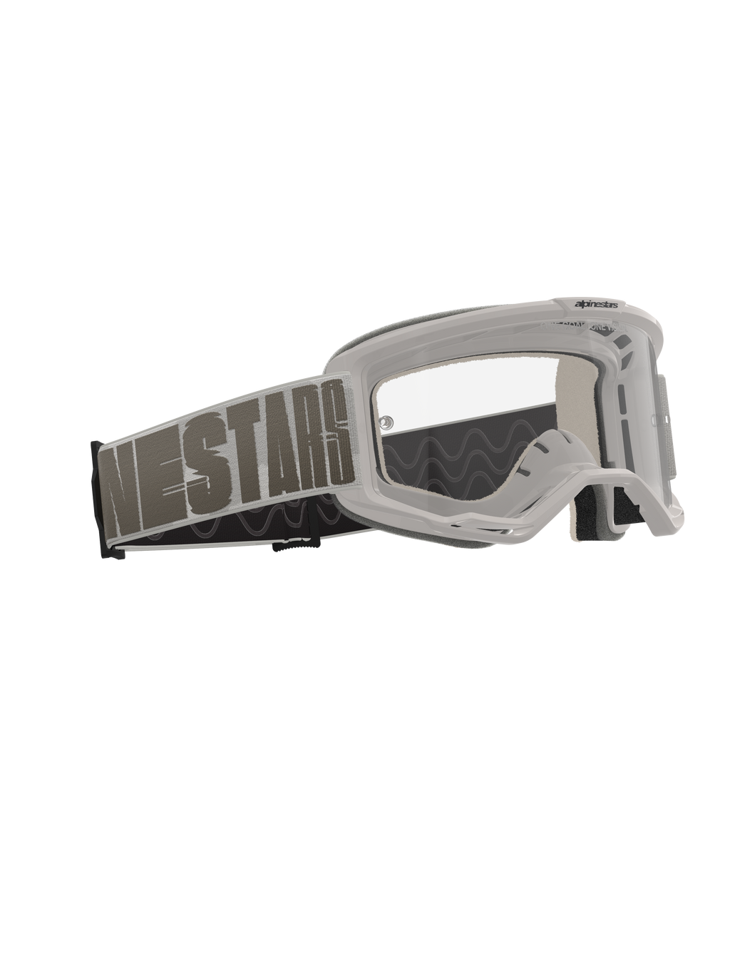 Alpinestars Vision 5 Hollow Goggles, gogle motocrossowe, Wind Clear, jasnoszara oprawka z przezroczystą soczewką przeciwmgielną, szeroki tkany pasek z wyrazistym brandingiem 'NESTARS', wysokiej klasy gogle ochronne do jazdy off-road