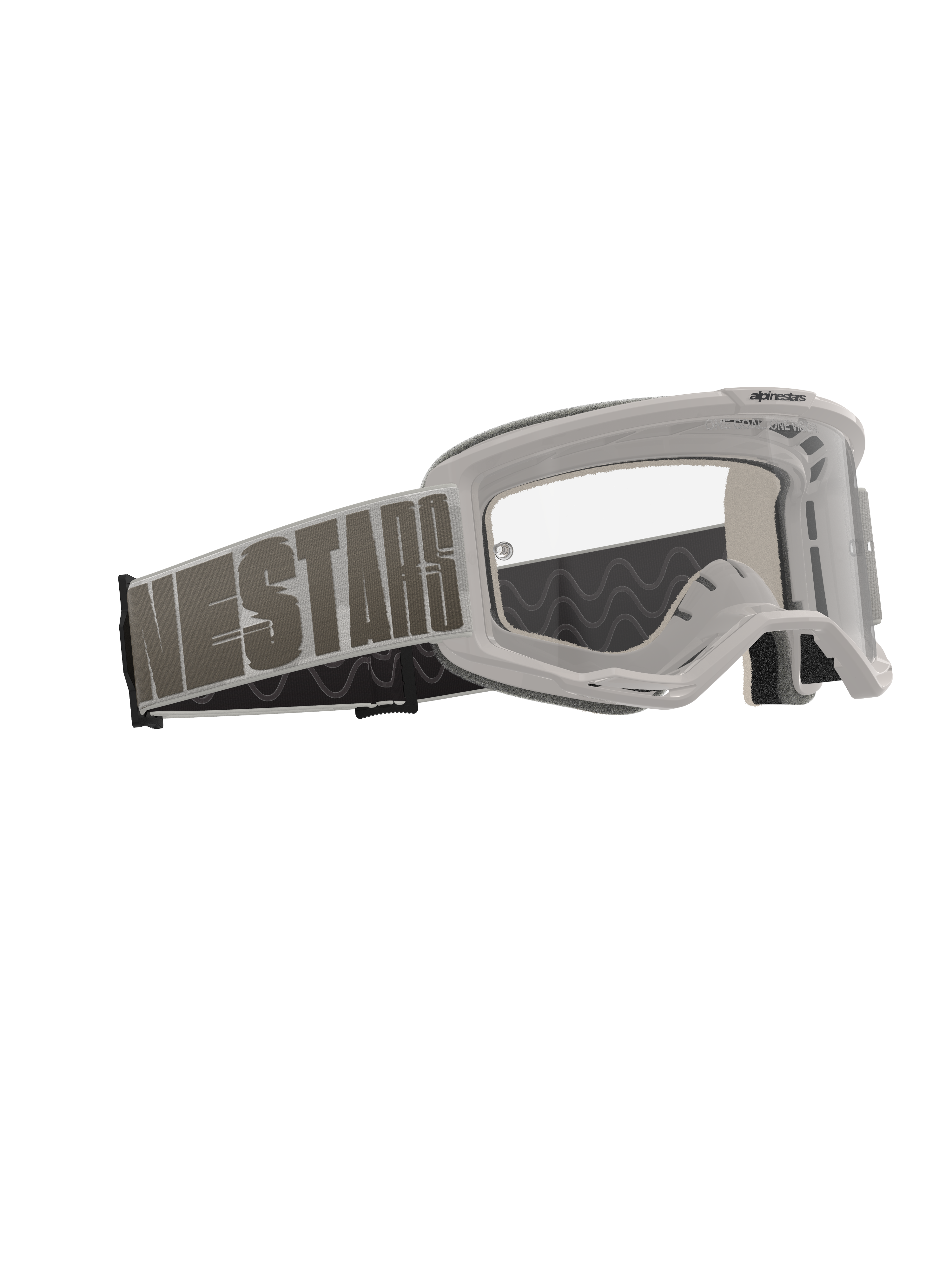 Alpinestars Vision 5 Hollow Goggles, gogle motocrossowe, Wind Clear, jasnoszara oprawka z przezroczystą soczewką przeciwmgielną, szeroki tkany pasek z wyrazistym brandingiem 'NESTARS', wysokiej klasy gogle ochronne do jazdy off-road