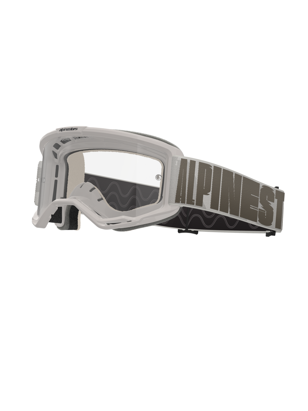 Alpinestars Vision 5 Hollow, gogle motocrossowe, biała oprawka z przezroczystą soczewką, szeroki jasnoszary pasek z wyraźnym ciemnoszarym napisem Alpinestars, wielowarstwowa wyściółka piankowa, wyczynowe gogle terenowe