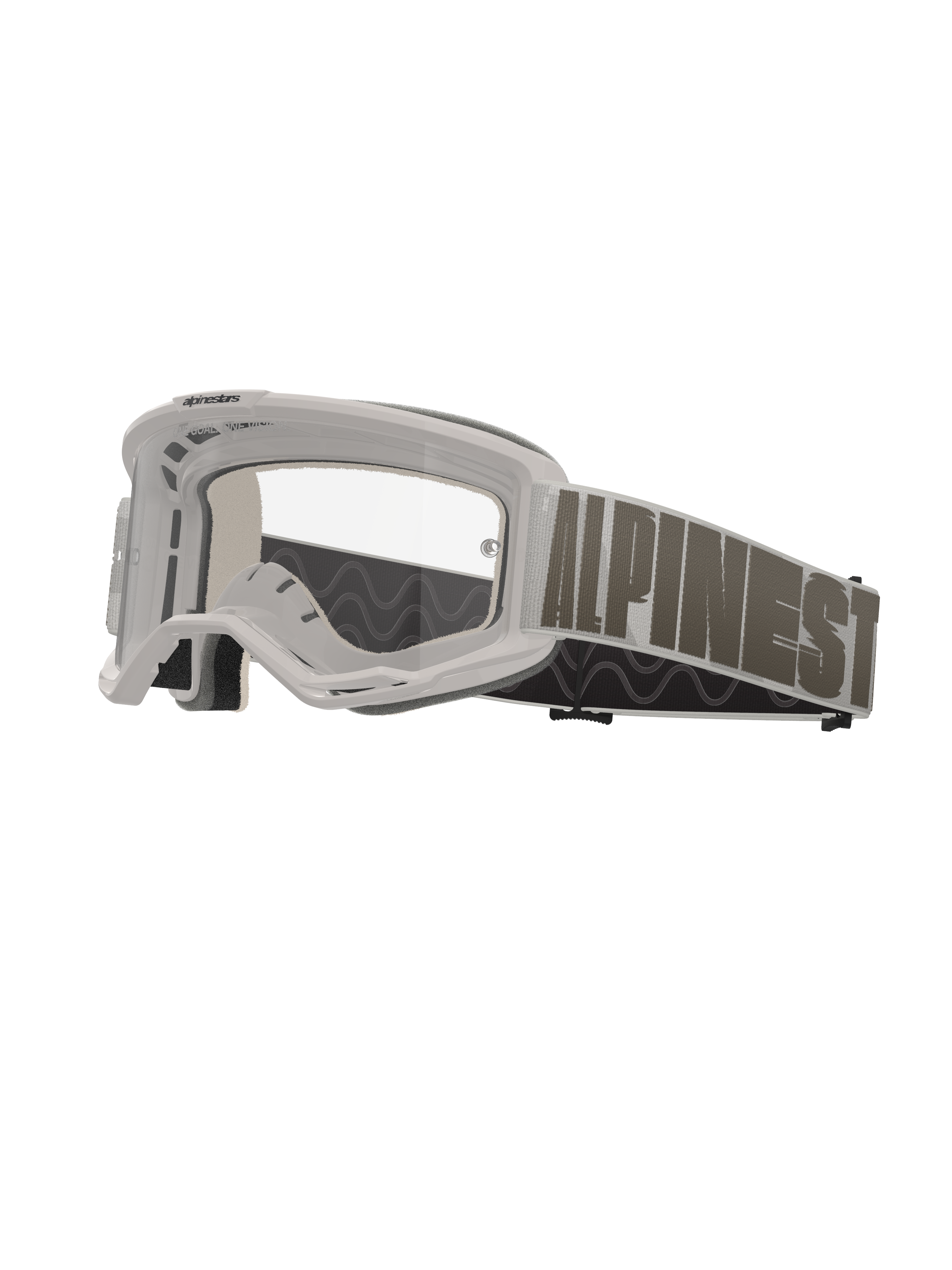 Alpinestars Vision 5 Hollow, gogle motocrossowe, biała oprawka z przezroczystą soczewką, szeroki jasnoszary pasek z wyraźnym ciemnoszarym napisem Alpinestars, wielowarstwowa wyściółka piankowa, wyczynowe gogle terenowe