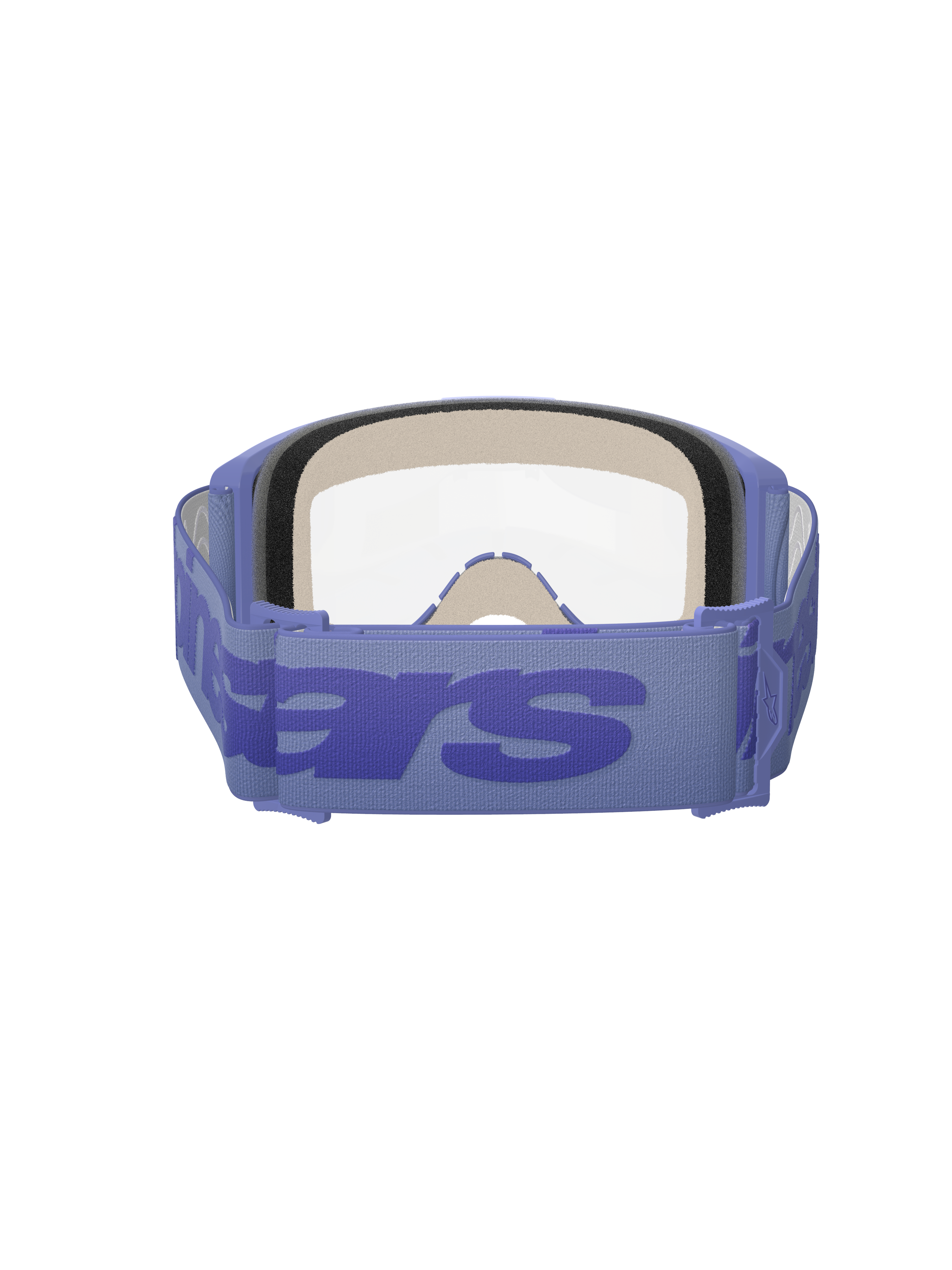 Alpinestars Vision 5 Wordmark Goggles, Purple and Clear, rear view showing triple-layer face foam, wide purple woven strap with bold wordmark branding, clear lens, designed for motocross and off-road racing