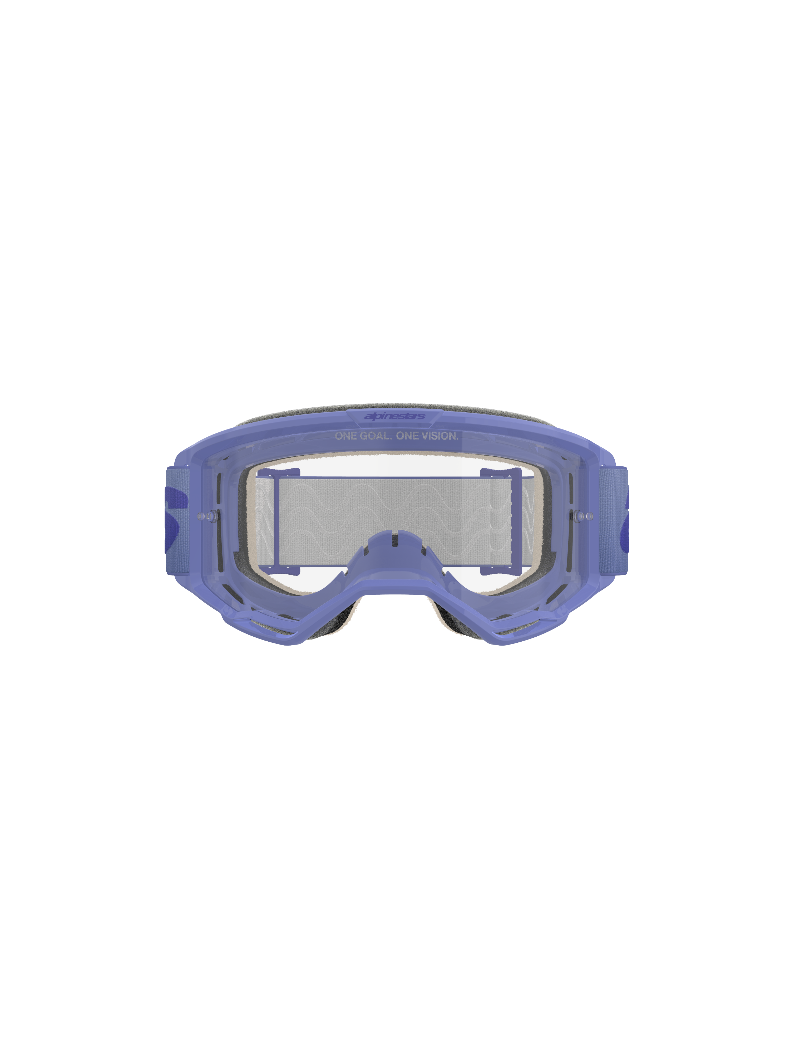 Alpinestars Vision 5 Wordmark Goggles, Purple and Clear, featuring a lightweight A-FLEX urethane frame, clear anti-fog polycarbonate lens with 'ONE GOAL. ONE VISION.' branding, 17mm multi-layer face foam, and purple woven strap with bold wordmark logo, professional motocross eye protection