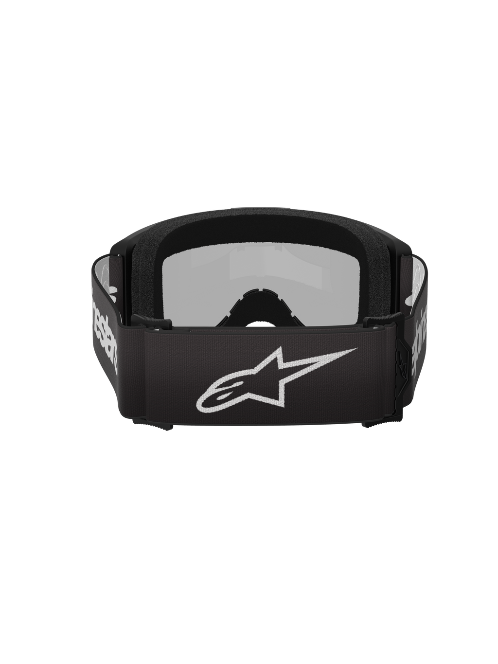 Alpinestars Vision 3 Wordmark Goggles, gogle motocrossowe, czarne i srebrne lustrzane, widok z tyłu przedstawiający czarny tkany pasek z białym logo Alpinestars i miękką wewnętrzną wyściółkę z pianki