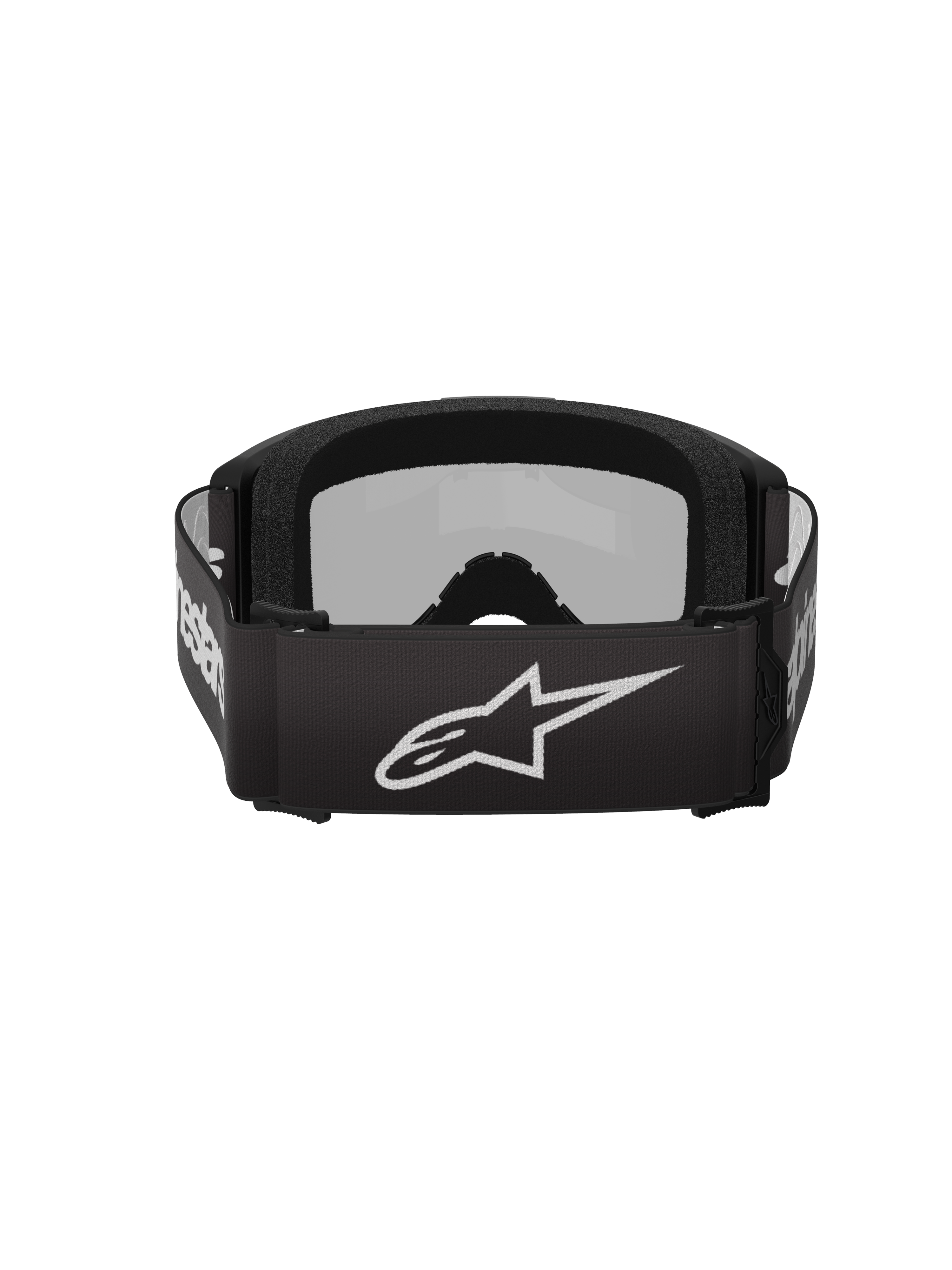 Alpinestars Vision 3 Wordmark Goggles, gogle motocrossowe, czarne i srebrne lustrzane, widok z tyłu przedstawiający czarny tkany pasek z białym logo Alpinestars i miękką wewnętrzną wyściółkę z pianki