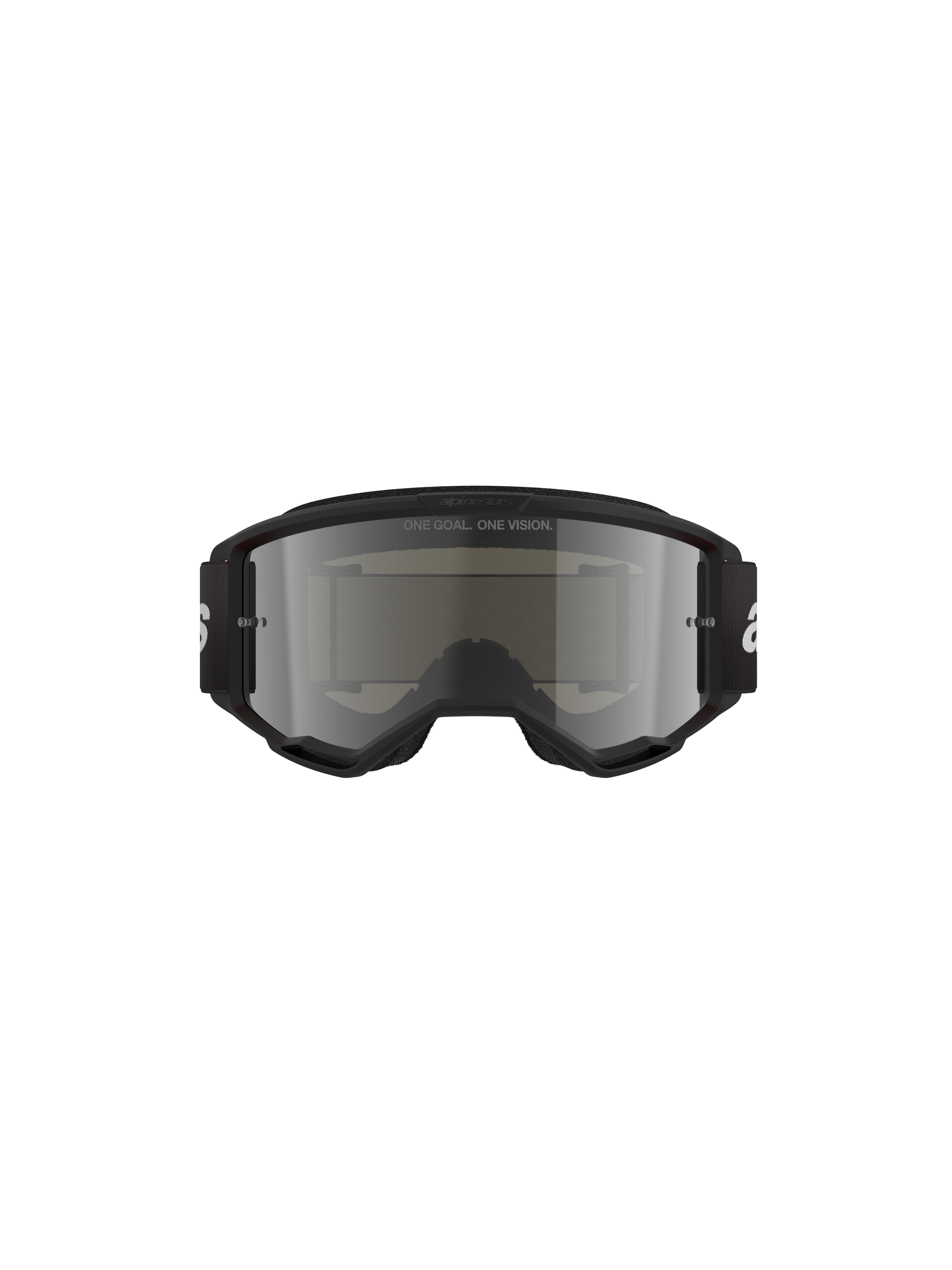 Gogle Alpinestars Vision 3 Wordmark, gogle motocrossowe, kolor Black Mirror Silver, z elegancką czarną oprawką i srebrną lustrzaną soczewką, czarny tkany pasek z białym logo, zaprojektowane do wyścigów terenowych i ochrony oczu