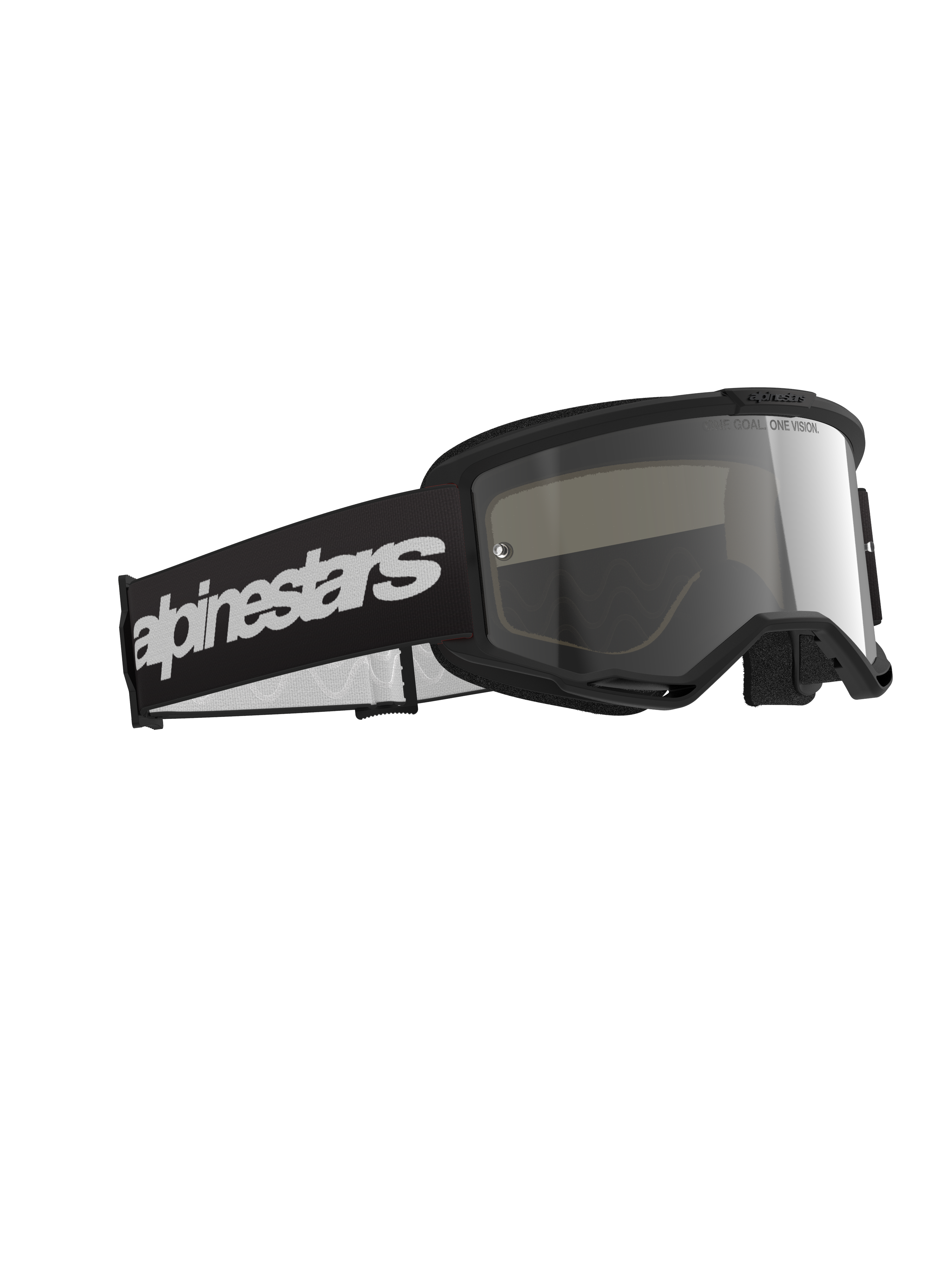 Alpinestars Vision 3 Wordmark Goggles, gogle motocrossowe, czarna oprawka ze srebrną lustrzaną soczewką, szeroki czarny pasek z wyraźnym białym logo Alpinestars, stylowe gogle ochronne do wyścigów terenowych