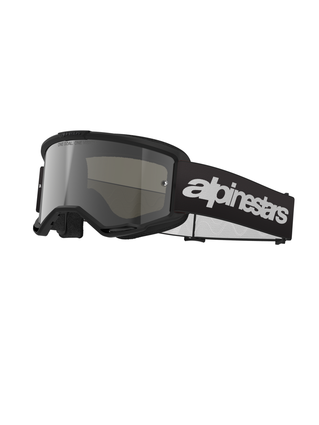 Gogle Alpinestars Vision 3 Wordmark, gogle motocrossowe, czarno-srebrne, szeroka srebrna lustrzana szybka, regulowany czarny pasek z wyraźnym białym logo, oprawka z piankową wyściółką i otworami wentylacyjnymi, zaprojektowane do wyścigów terenowych