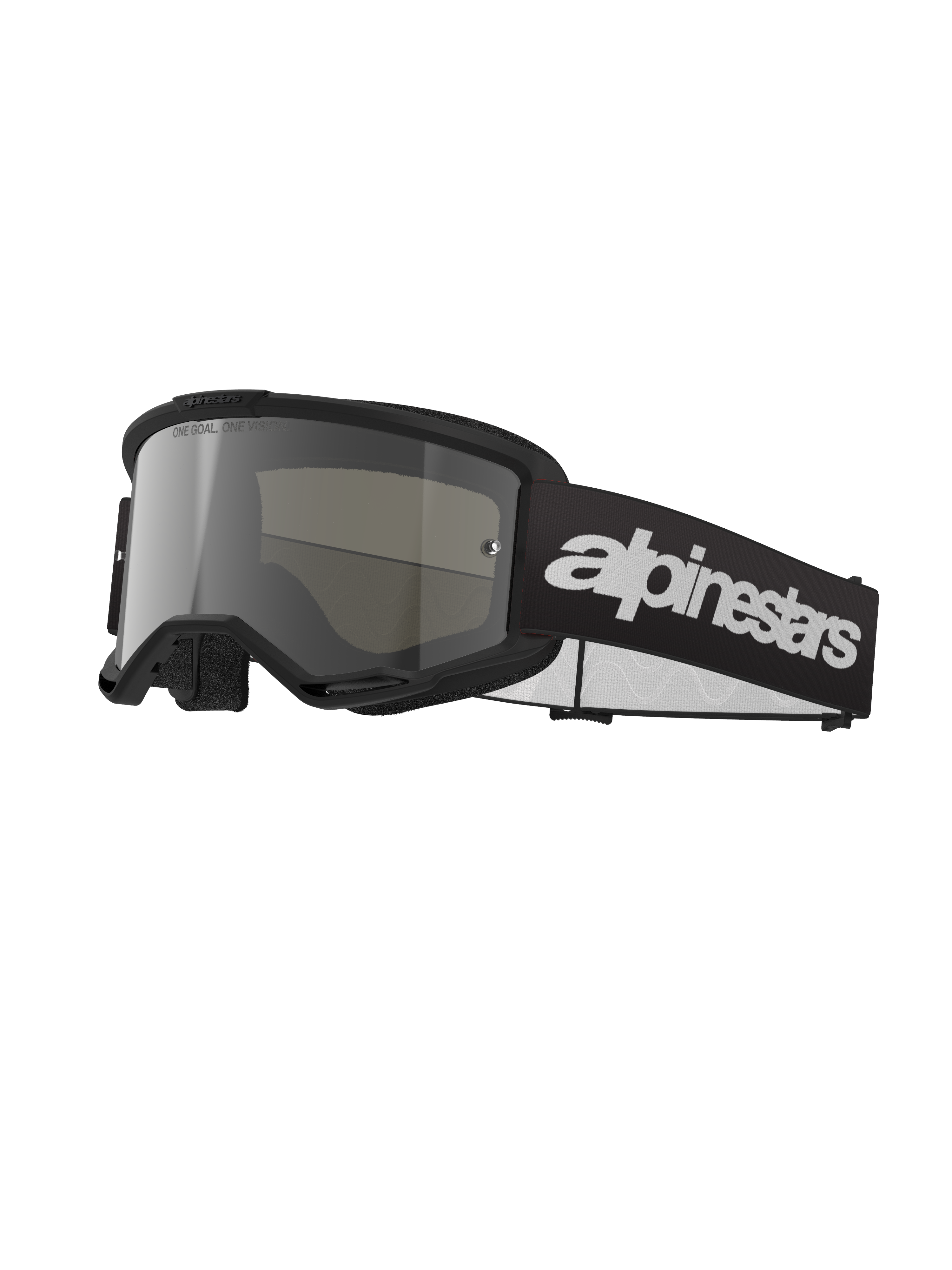 Gogle Alpinestars Vision 3 Wordmark, gogle motocrossowe, czarno-srebrne, szeroka srebrna lustrzana szybka, regulowany czarny pasek z wyraźnym białym logo, oprawka z piankową wyściółką i otworami wentylacyjnymi, zaprojektowane do wyścigów terenowych