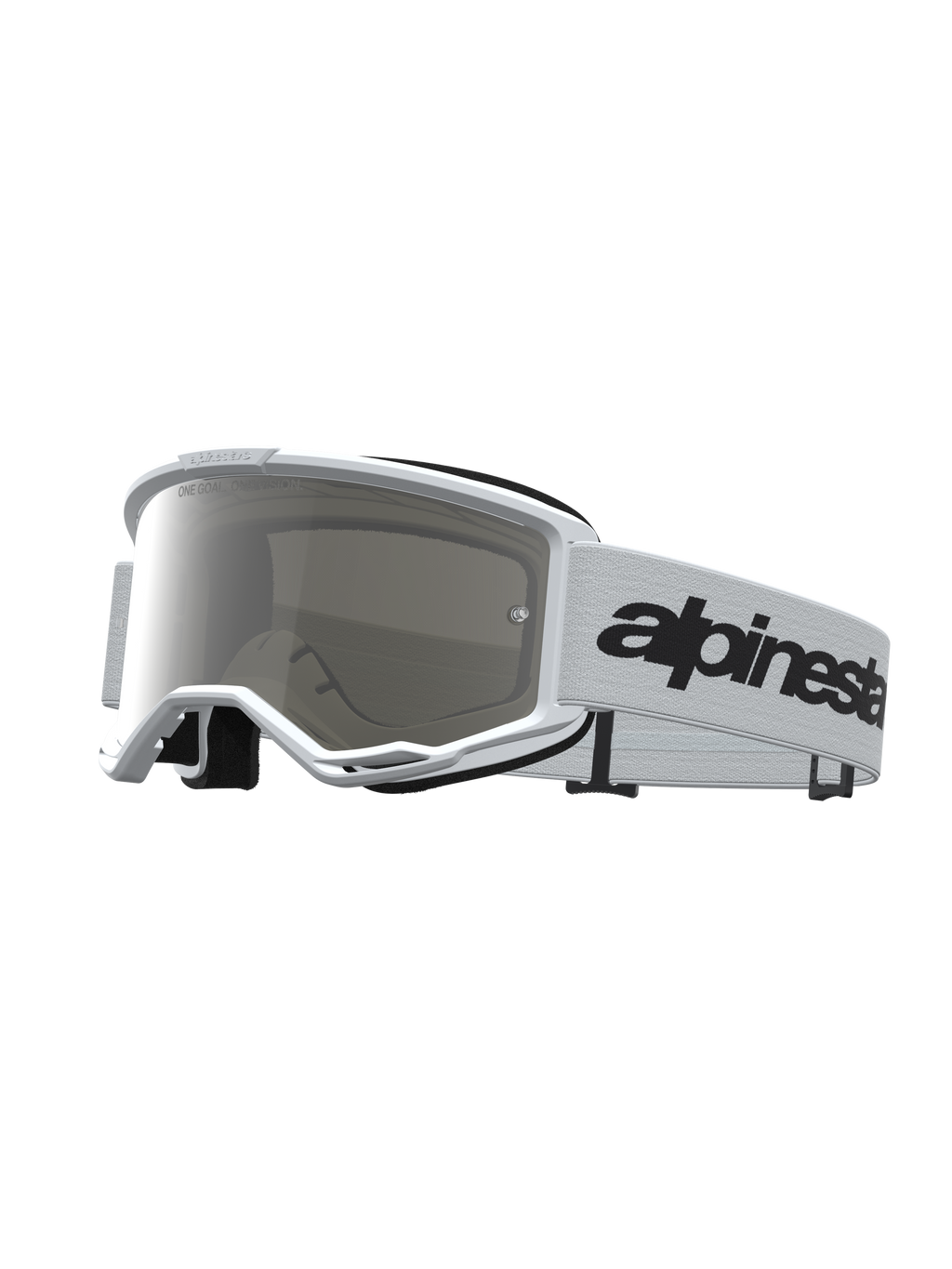 Gogle Alpinestars Vision 3 Wordmark Lustrzane, białe gogle motocrossowe ze srebrną lustrzaną soczewką i czarnym logo.