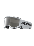 Gogle Alpinestars Vision 3 Wordmark Lustrzane, białe gogle motocrossowe ze srebrną lustrzaną soczewką i czarnym logo.