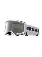 Gogle Alpinestars Vision 3 Wordmark Lustrzane, białe gogle motocrossowe ze srebrną lustrzaną soczewką i czarnym logo.