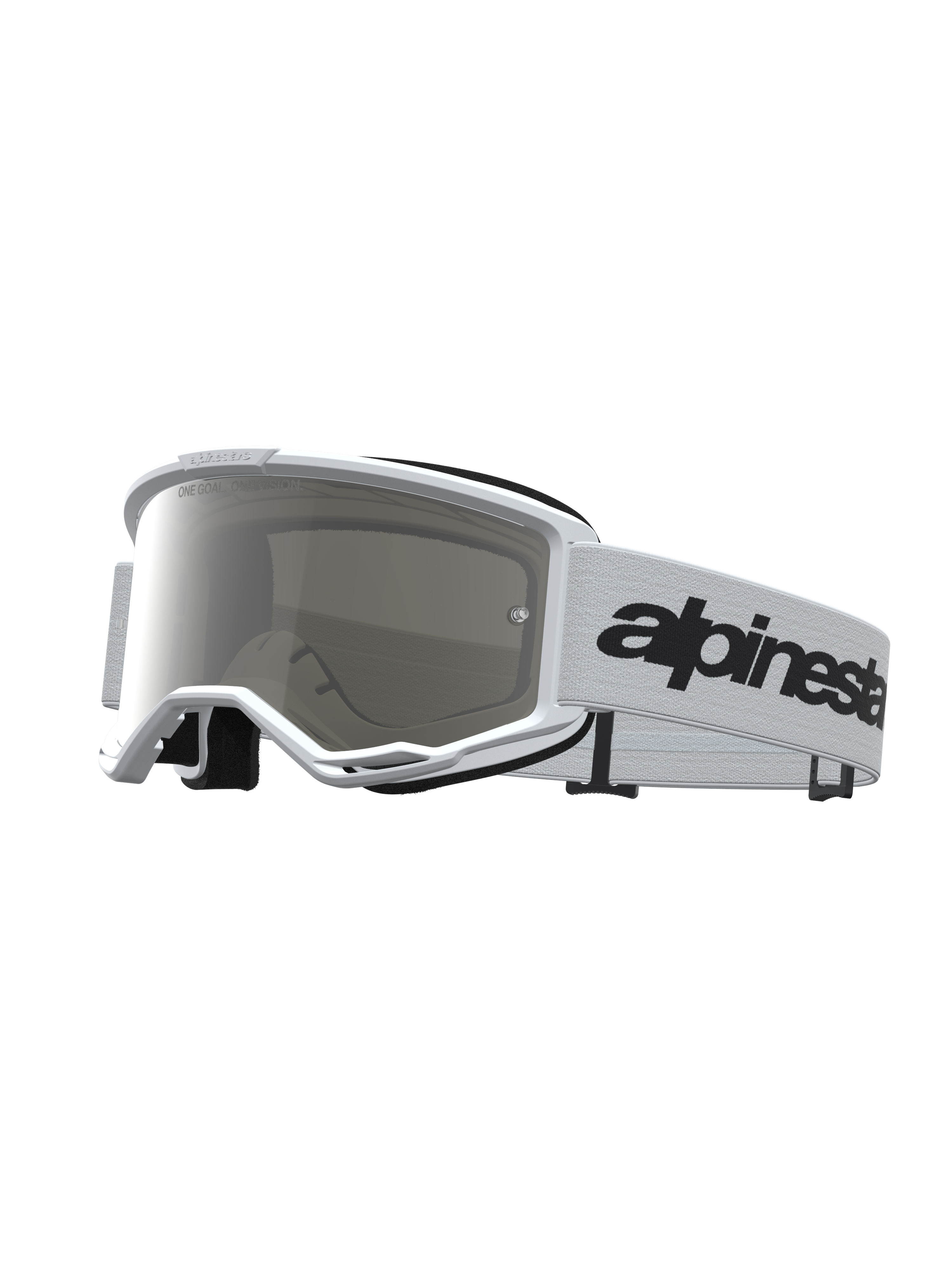 Gogle Alpinestars Vision 3 Wordmark Lustrzane, białe gogle motocrossowe ze srebrną lustrzaną soczewką i czarnym logo.