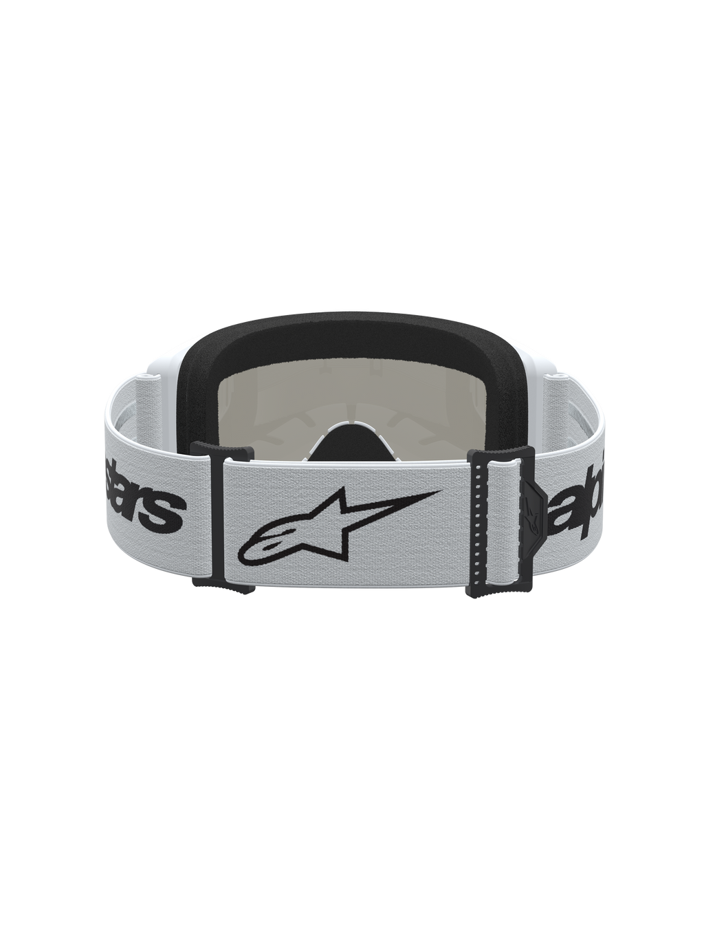 Gogle Alpinestars Vision 3 Wordmark Lustrzane, białe i czarne, motocrossowe, pasek z logo i miękka pianka, widok od tyłu