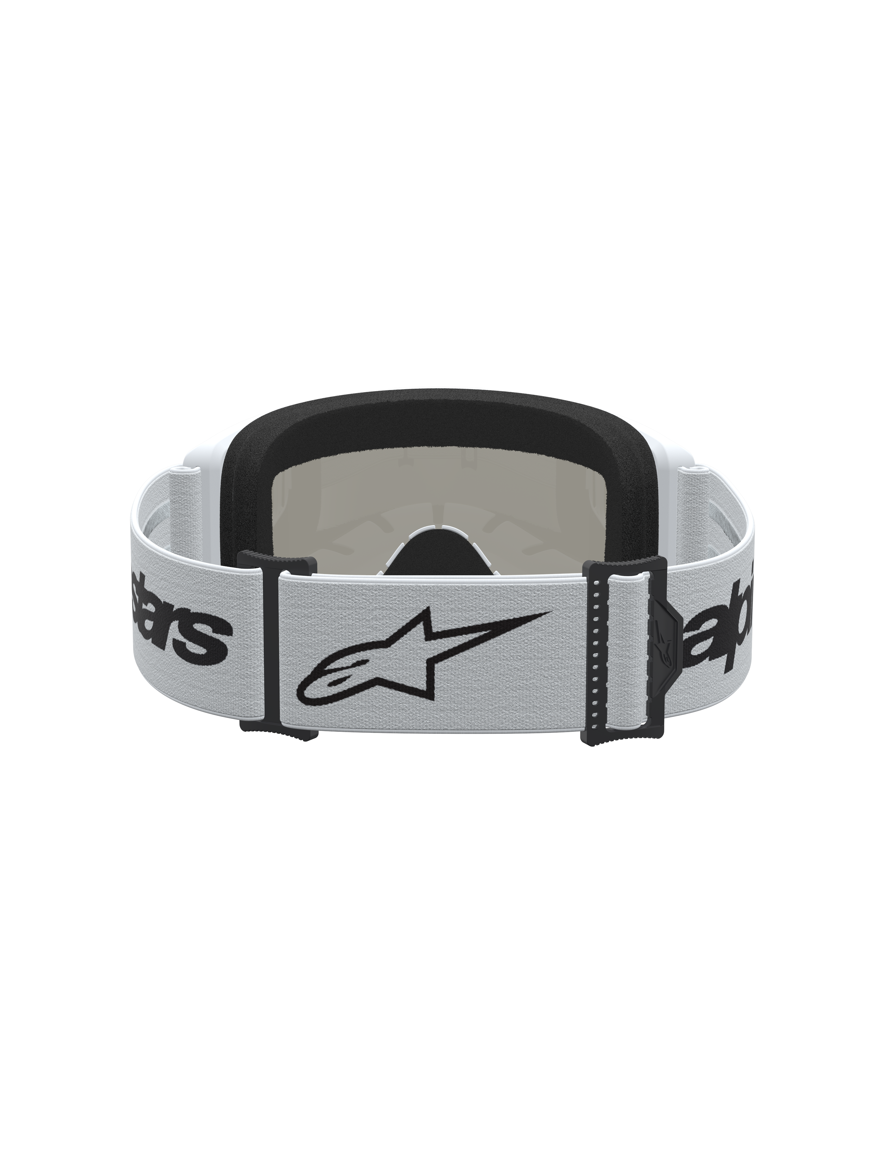 Gogle Alpinestars Vision 3 Wordmark Lustrzane, białe i czarne, motocrossowe, pasek z logo i miękka pianka, widok od tyłu