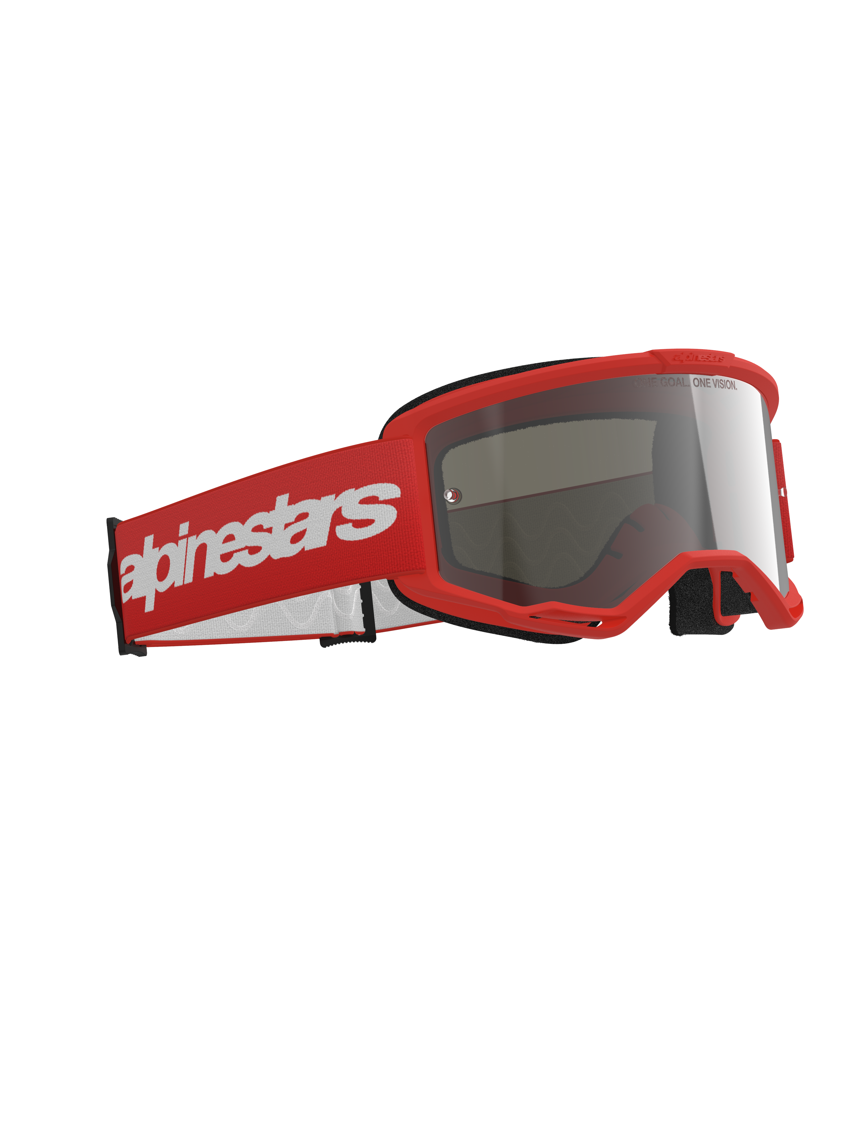 Alpinestars Vision 3 Wordmark Goggles, Motocross Goggles, Red frame with a matching red strap featuring a large white wordmark logo, silver mirror lens, designed for off-road and motocross racing