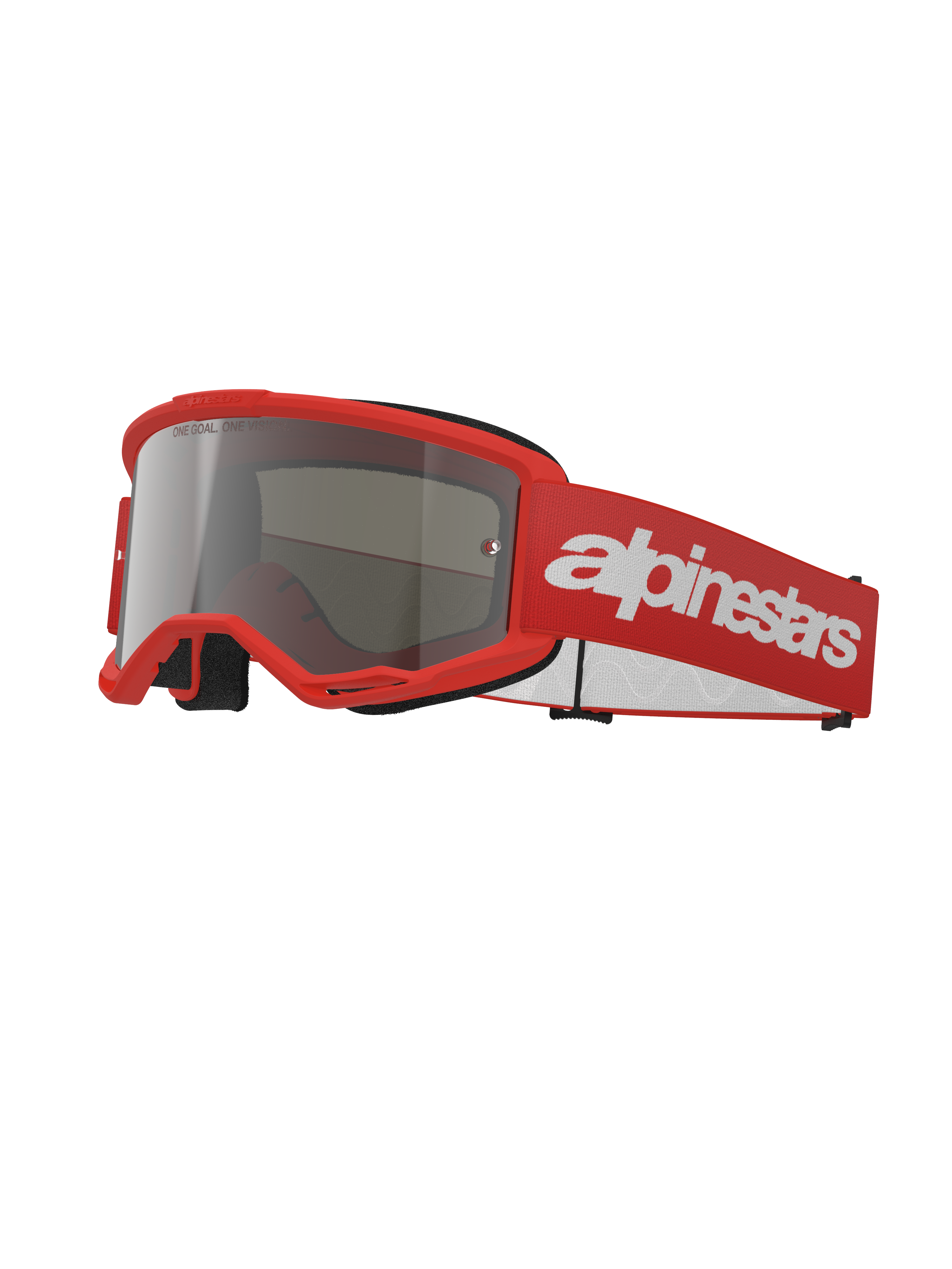 Alpinestars Vision 3 Wordmark Goggles, gogle motocrossowe, czerwone ze srebrną lustrzanką, jaskrawoczerwona oprawka ze srebrną lustrzaną szybą, czerwony tkany pasek z dużym białym logotypem, sportowe ochronne gogle terenowe