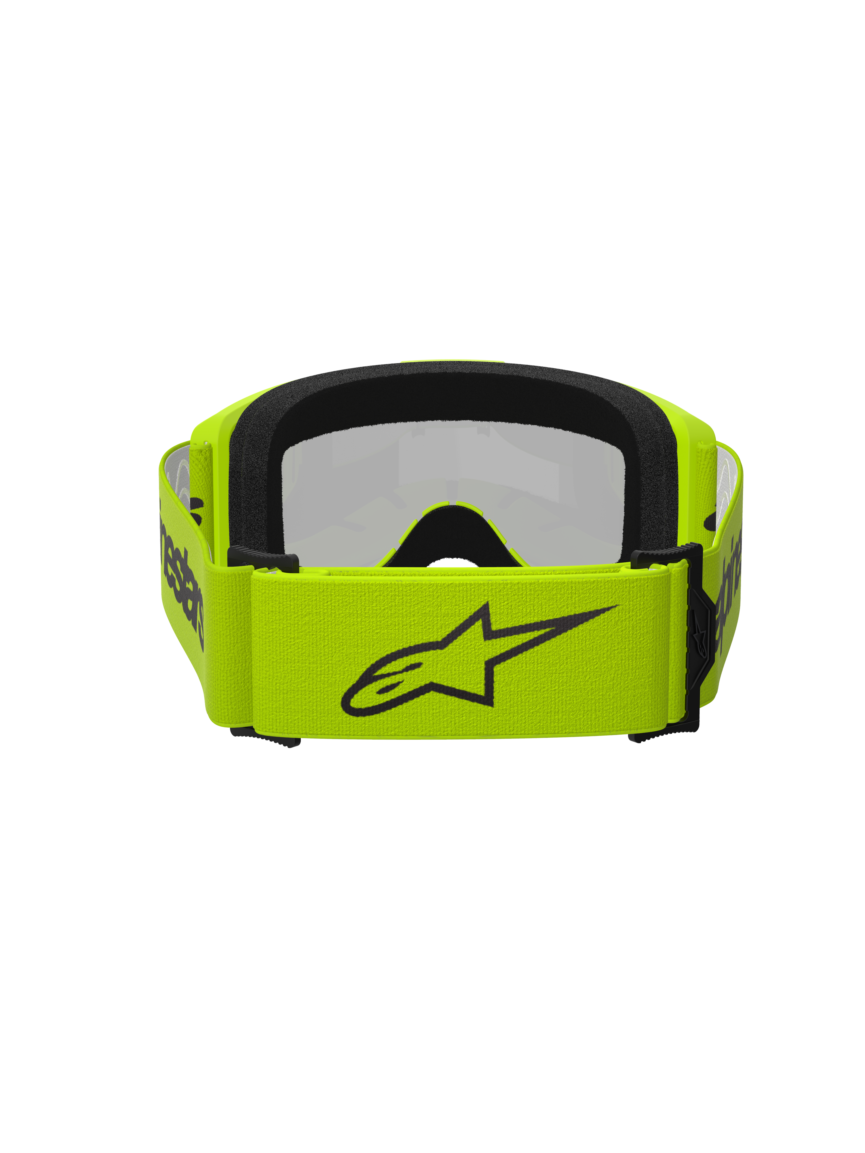 Alpinestars Vision 3 Wordmark Goggles, Motocross Goggles, Yellow Fluo and Silver Mirror, back view featuring a wide fluorescent yellow strap with a black star logo and branding, black face foam, designed for off-road racing