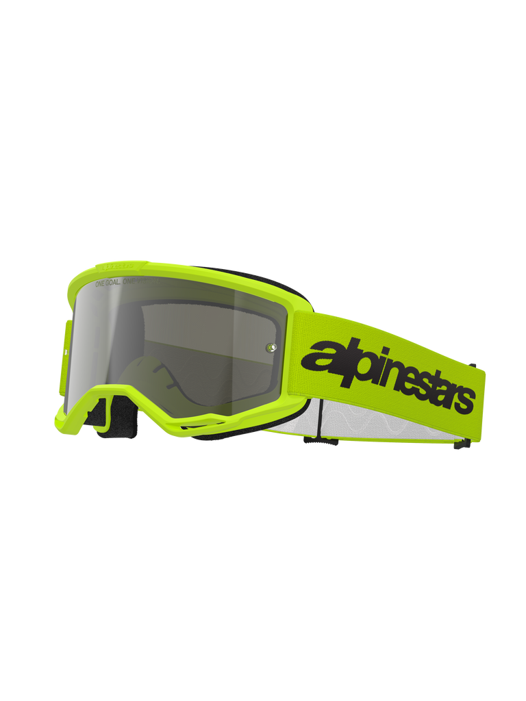 Alpinestars Vision 3 Wordmark Goggles, gogle motocrossowe, żółte fluo i srebrne lustrzane, jaskrawożółta oprawka i pasek z czarnym logo Alpinestars, wysokiej jakości ochrona oczu do wyścigów terenowych