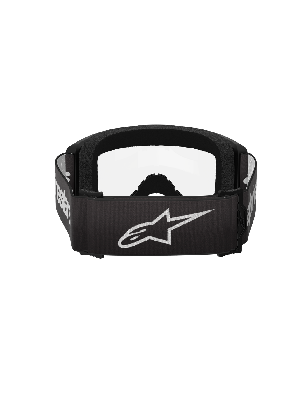 Alpinestars Vision 3 Wordmark Goggles, Motocross Goggles, Black and Clear, rear view featuring a wide black strap with a white Alpinestars star logo and wordmark, thick black face foam, and clear lens.