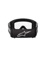 Alpinestars Vision 3 Wordmark Goggles, Motocross Goggles, Black and Clear, rear view featuring a wide black strap with a white Alpinestars star logo and wordmark, thick black face foam, and clear lens.