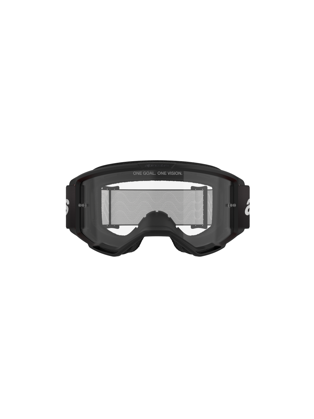 Alpinestars Vision 3 Wordmark Goggles, Motocross Goggles, Black and Clear, front view featuring clear anti-fog lens, A-FLEX frame, black strap with white Alpinestars logo, and 'ONE GOAL. ONE VISION.' slogan detail.