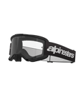 Alpinestars Vision 3 Wordmark Goggles, Motocross Goggles, Black and Clear, featuring bold white Alpinestars branding on the strap, a clear lens with 'ONE GOAL. ONE VISION.' text, and a sleek minimalistic frame design.