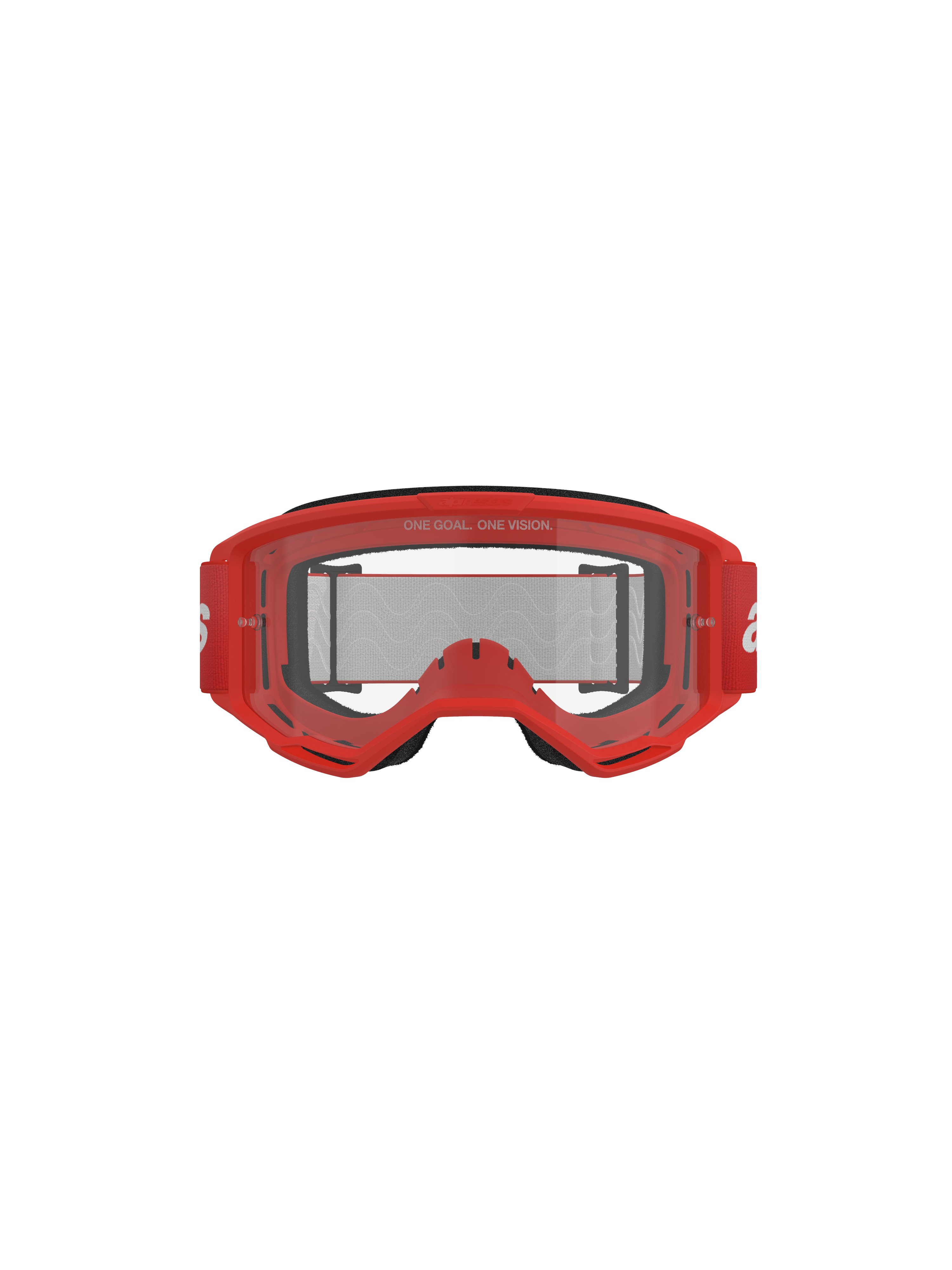 Alpinestars Vision 3 Wordmark Goggles, Motocross Goggles, Red frame and clear lens, red woven strap with white branding, 'ONE GOAL. ONE VISION.' text on the lens, front-facing studio shot on black background