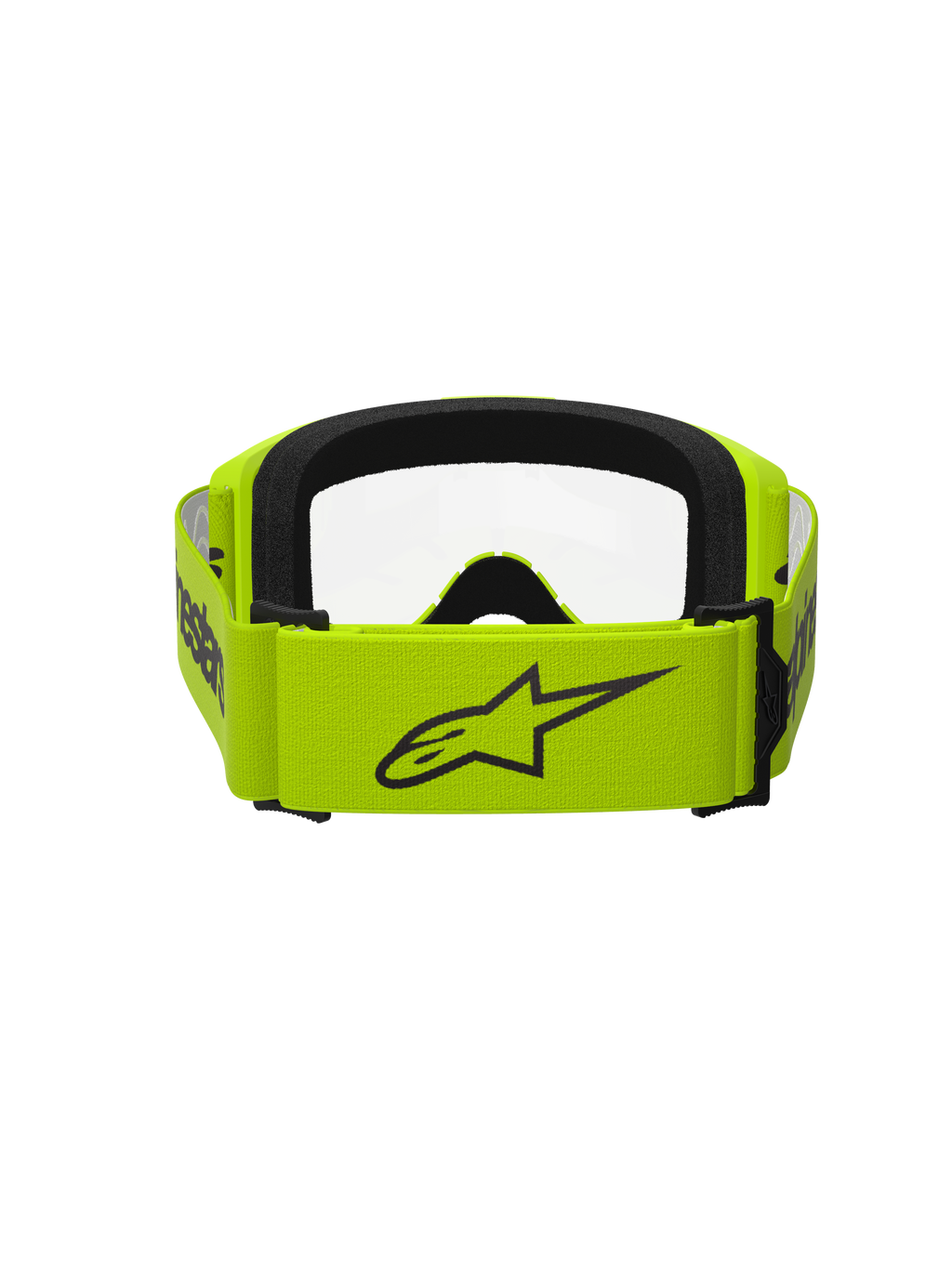 Alpinestars Vision 3 Wordmark Goggles, gogle motocrossowe, żółte fluo z przezroczystą szybką, widok od tyłu przedstawiający szeroki żółty pasek z czarnym logo Alpinestars, czarne wnętrze z pianki, wytrzymała konstrukcja do wyścigów off-road