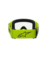 Alpinestars Vision 3 Wordmark Goggles, gogle motocrossowe, żółte fluo z przezroczystą szybką, widok od tyłu przedstawiający szeroki żółty pasek z czarnym logo Alpinestars, czarne wnętrze z pianki, wytrzymała konstrukcja do wyścigów off-road