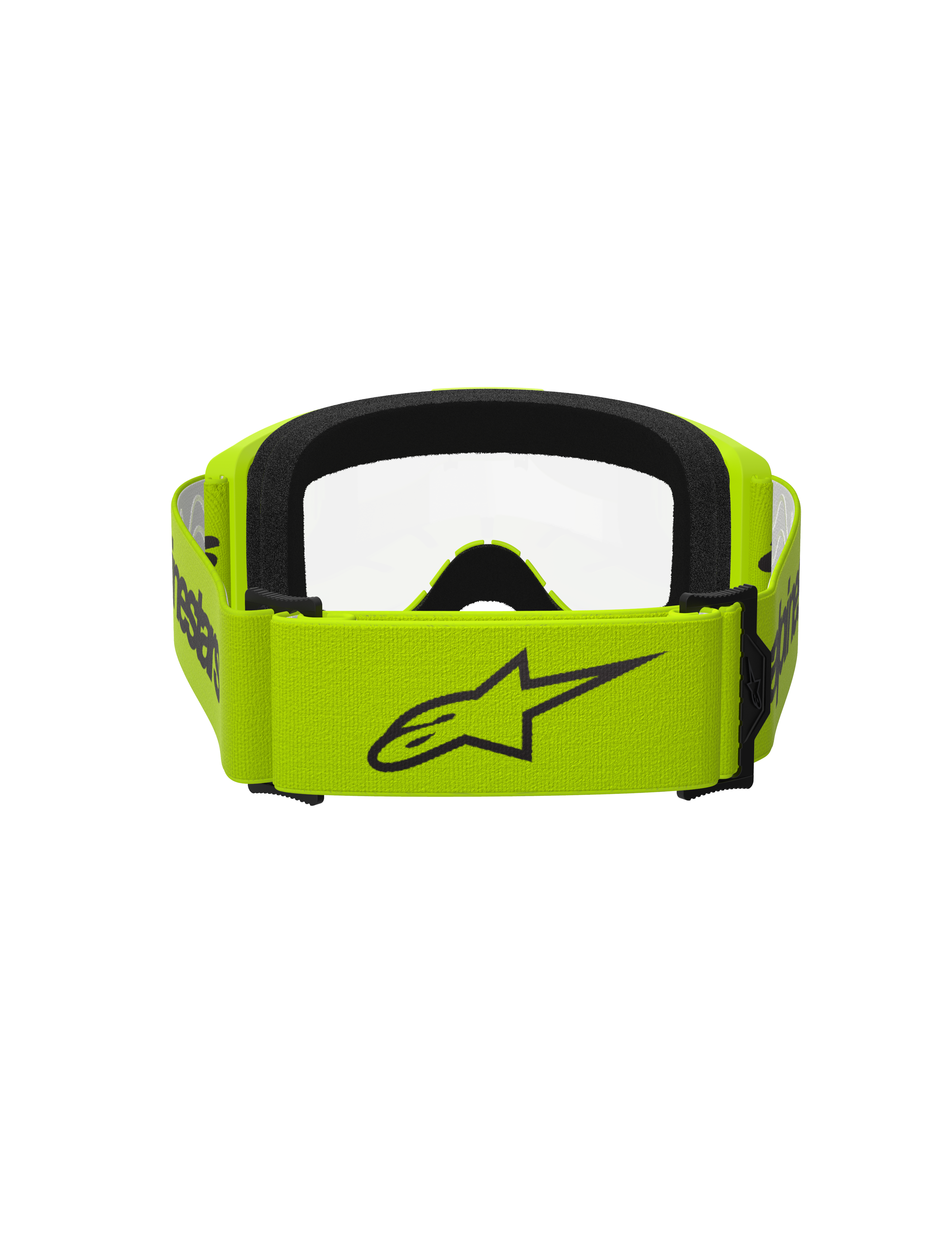 Alpinestars Vision 3 Wordmark Goggles, gogle motocrossowe, żółte fluo z przezroczystą szybką, widok od tyłu przedstawiający szeroki żółty pasek z czarnym logo Alpinestars, czarne wnętrze z pianki, wytrzymała konstrukcja do wyścigów off-road